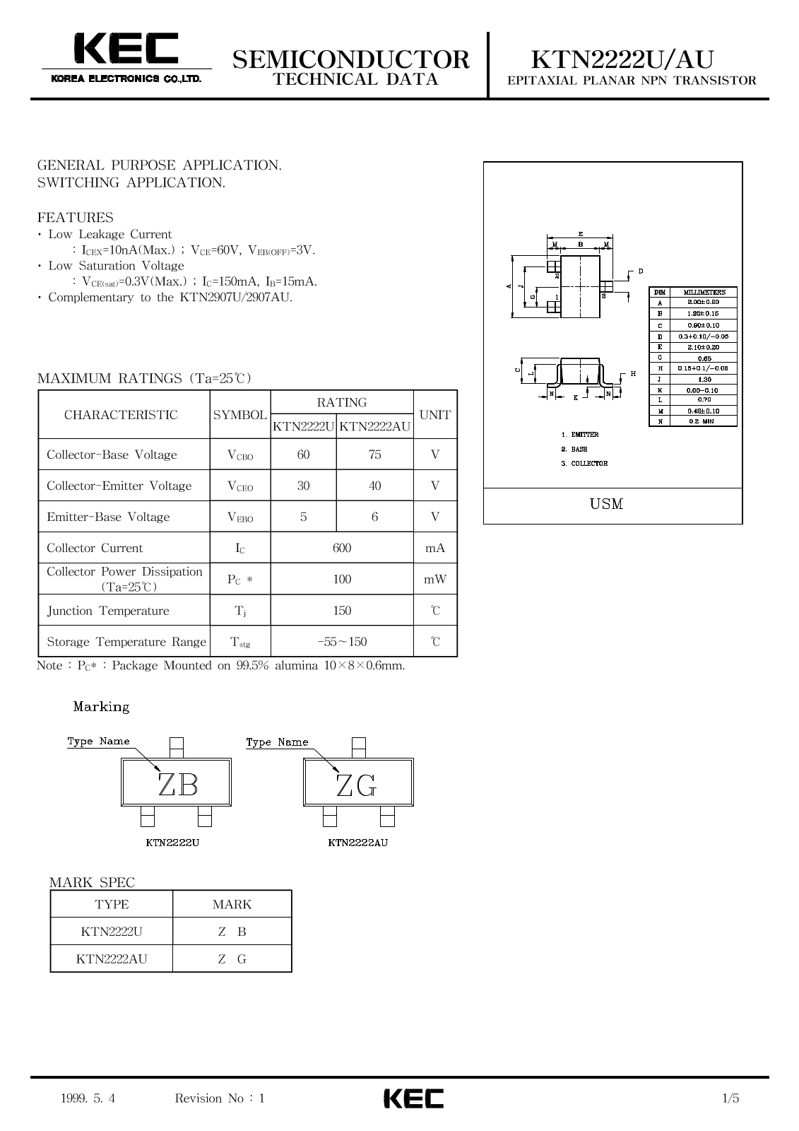 KEC KTN2222AU, KTN2222U Datasheet