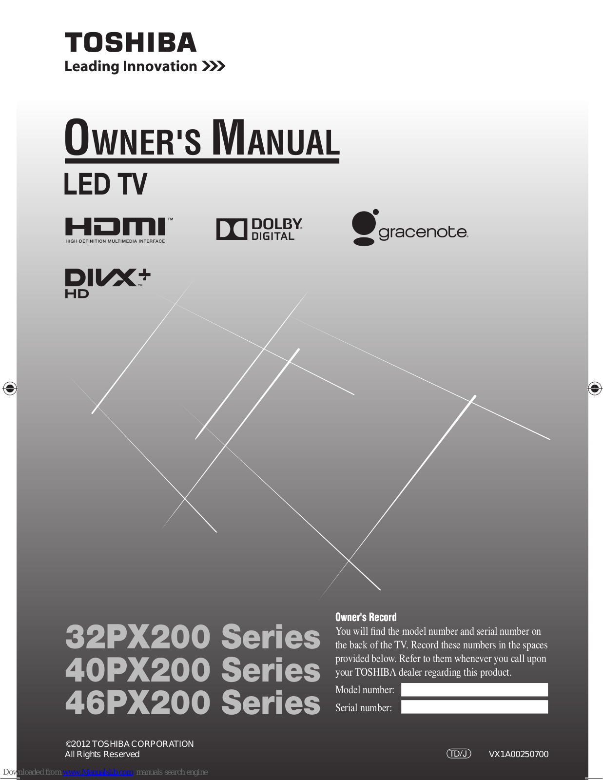 Toshiba 32PX200 series, 40PX200 series, 46PX200 series Owner's Manual