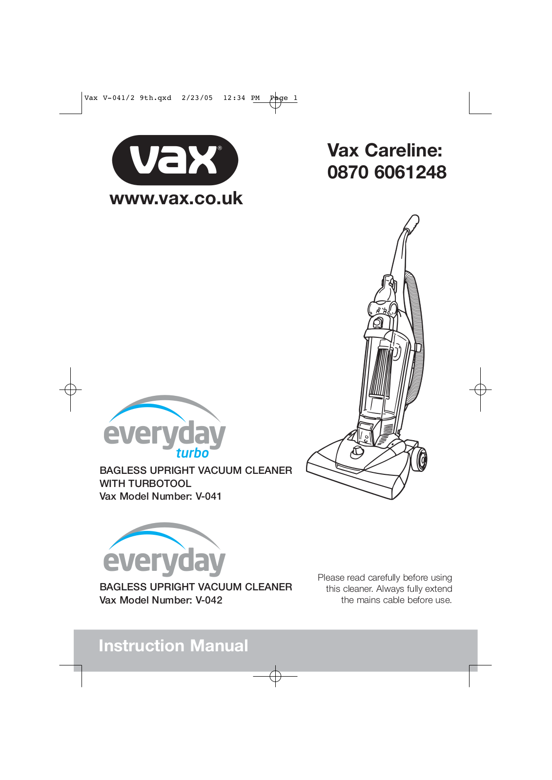 Vax V-042, V-041 User Manual