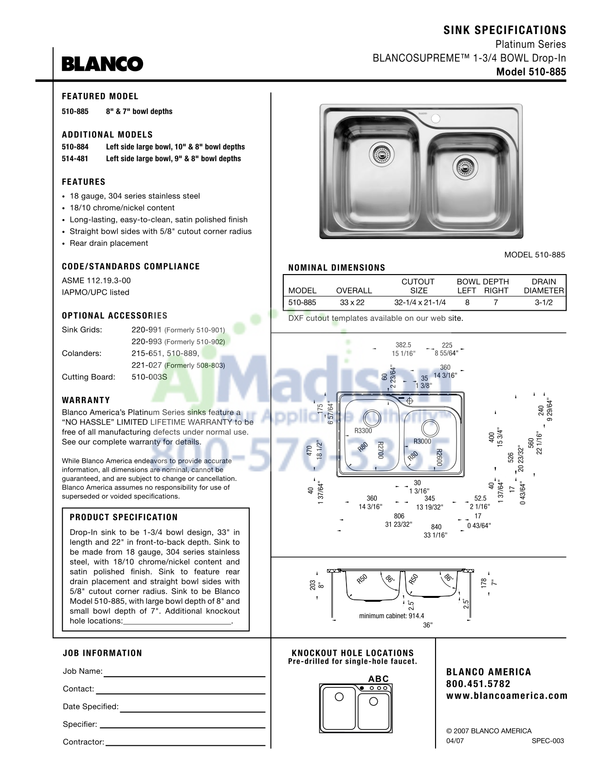 Blanco 440239 Specs