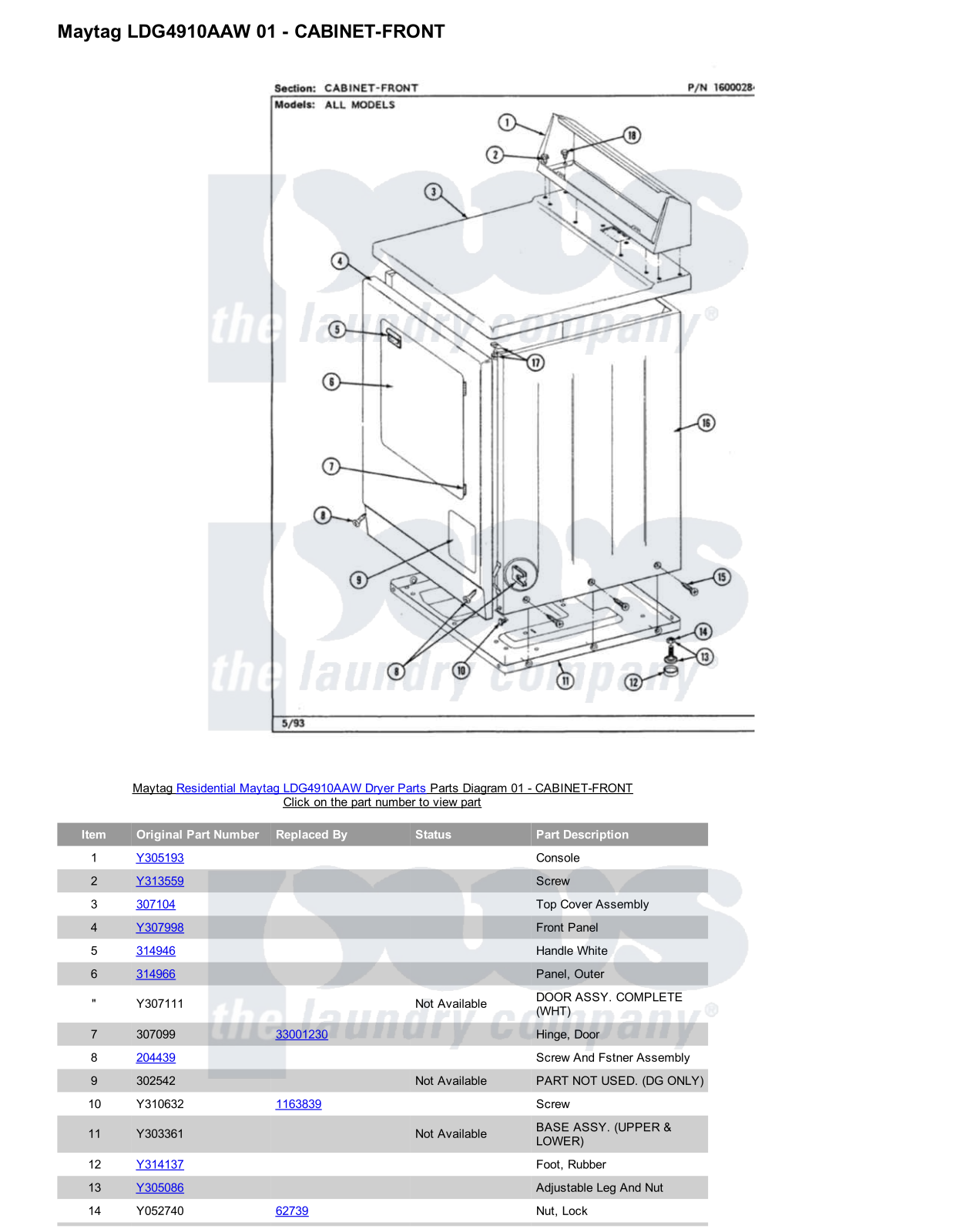 Maytag LDG4910AAW Parts Diagram