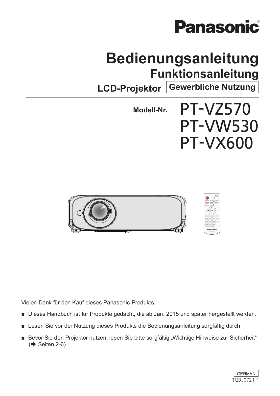 Panasonic PT-VZ570, PT-VX600, PT-VW530 User Manual