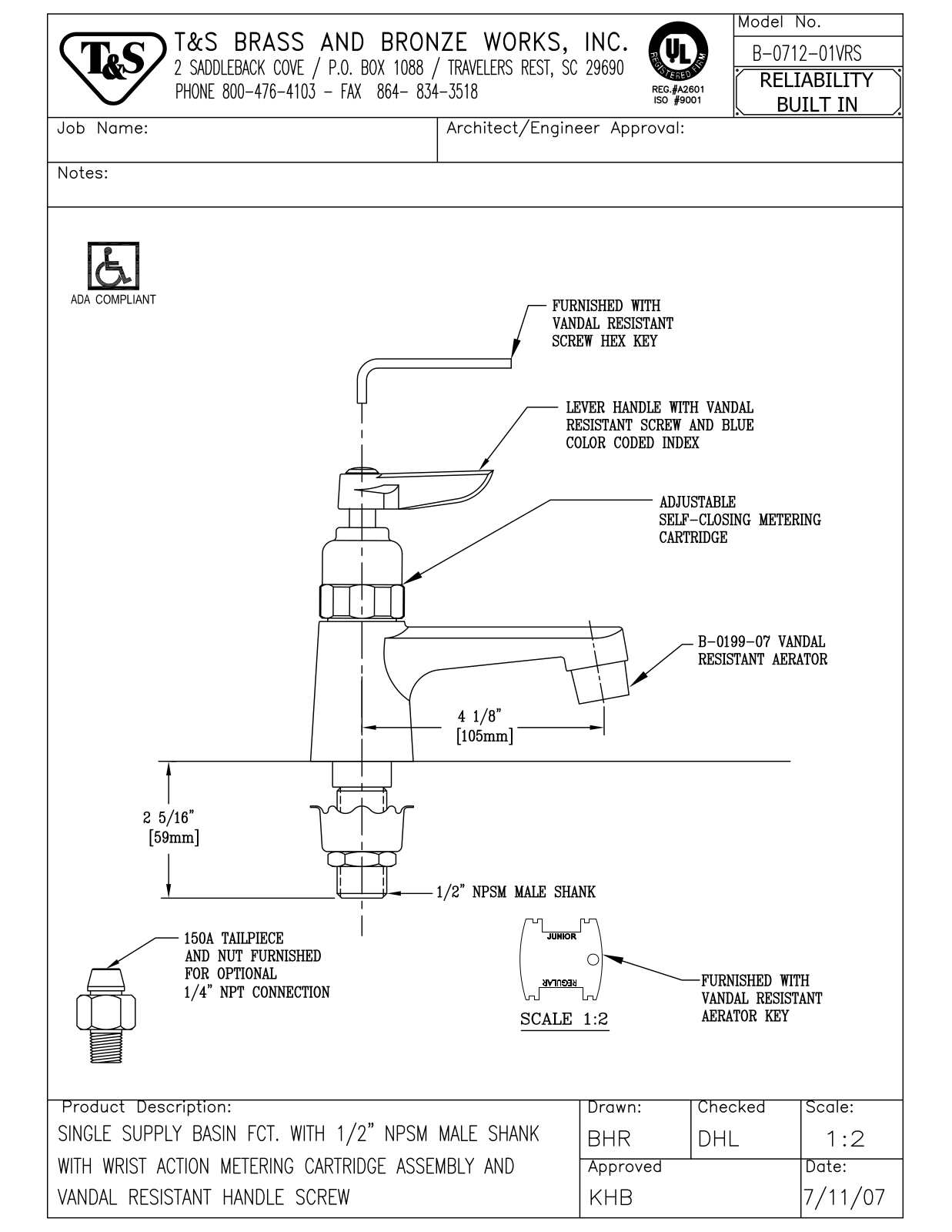 T&S Brass B-0712-01VRS User Manual