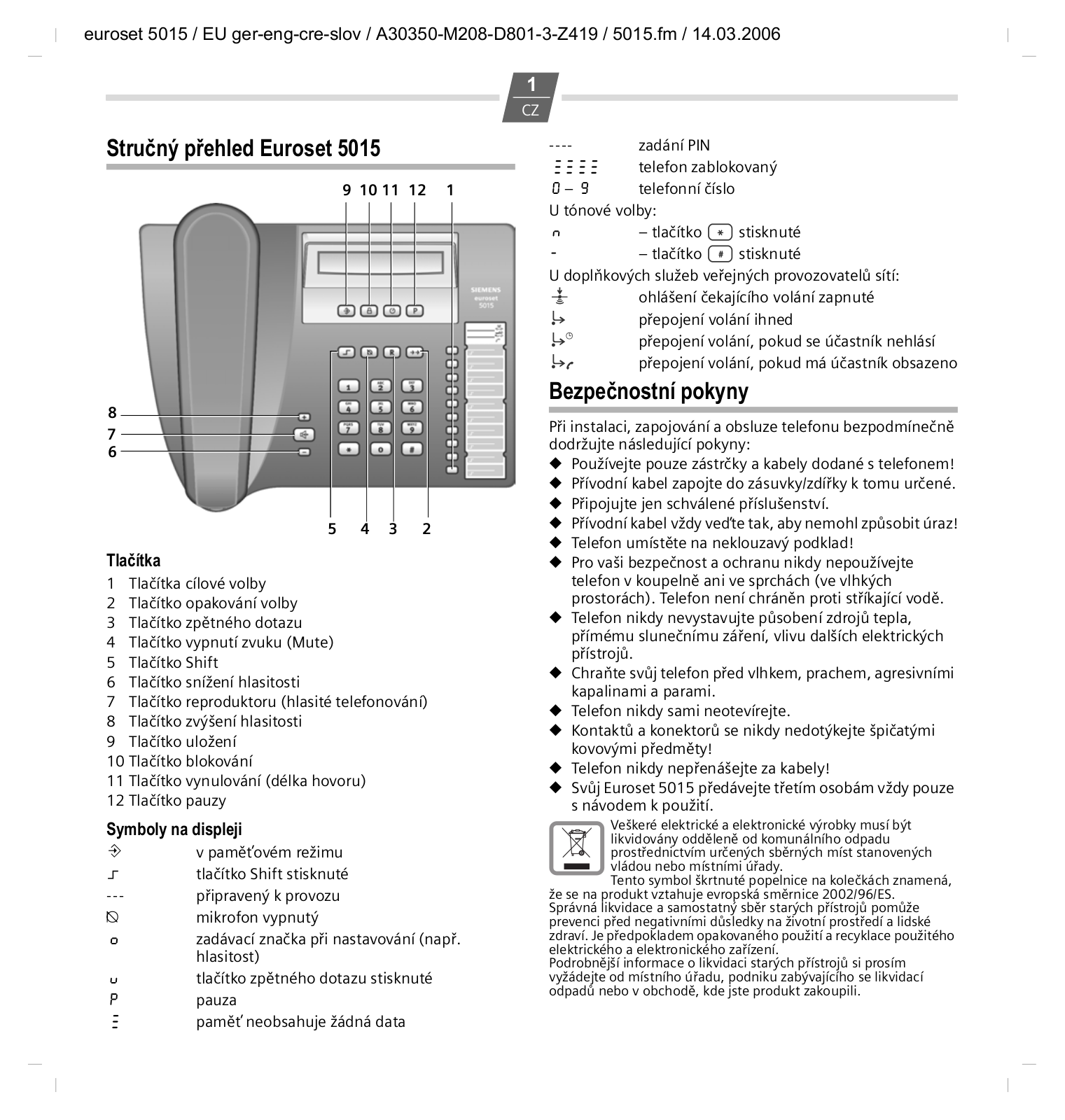 Siemens Euroset 5015 User Manual