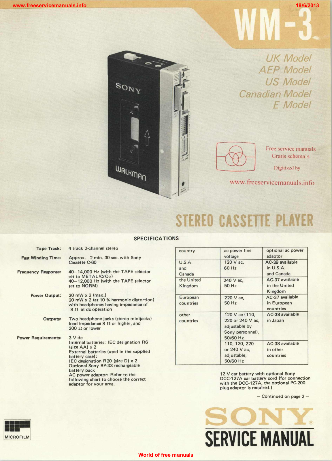 Sony WM-3 User Manual