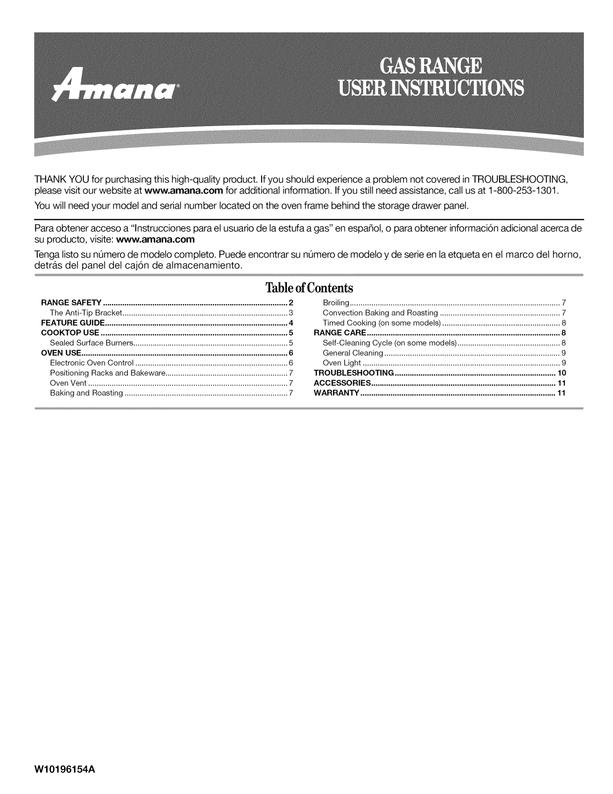 Amana AGR6011VDB1, AGR6011VDW3, AGR6011VDW2, AGR6011VDW1, AGR6011VDW0 Owner’s Manual