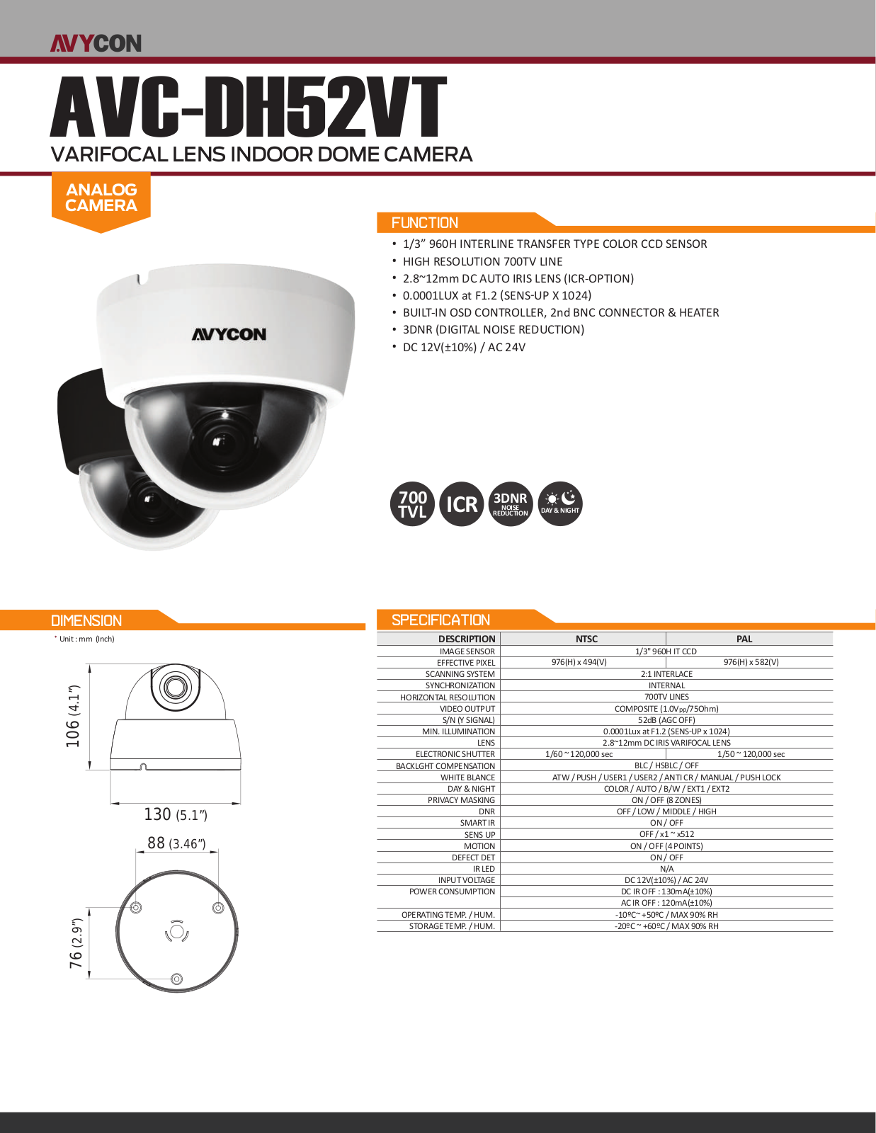 Avycon AVC-DH52VT Specsheet