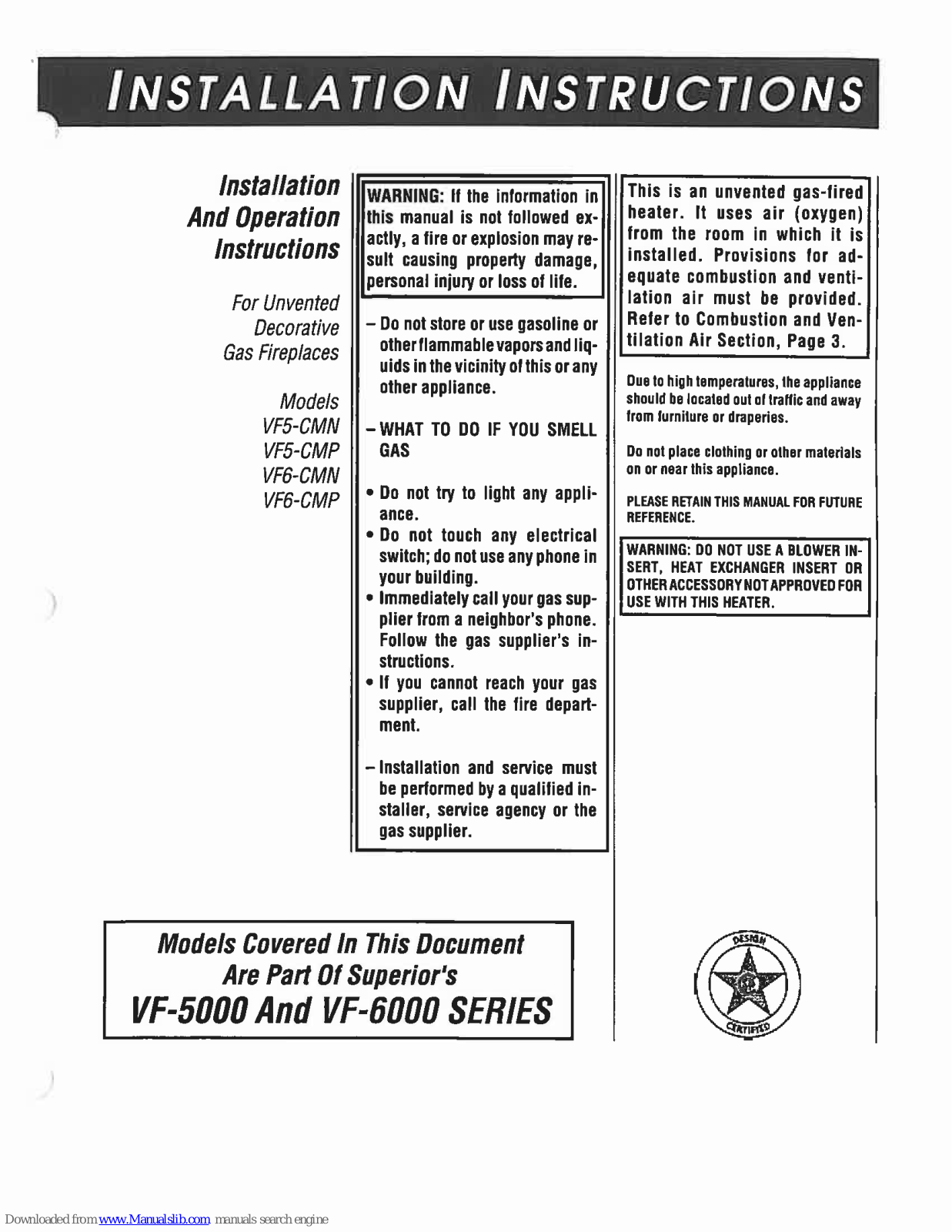 Superior VF5-CMN, VF6-CMN, VF6-CMP, VF5-CMP Installation Instructions Manual