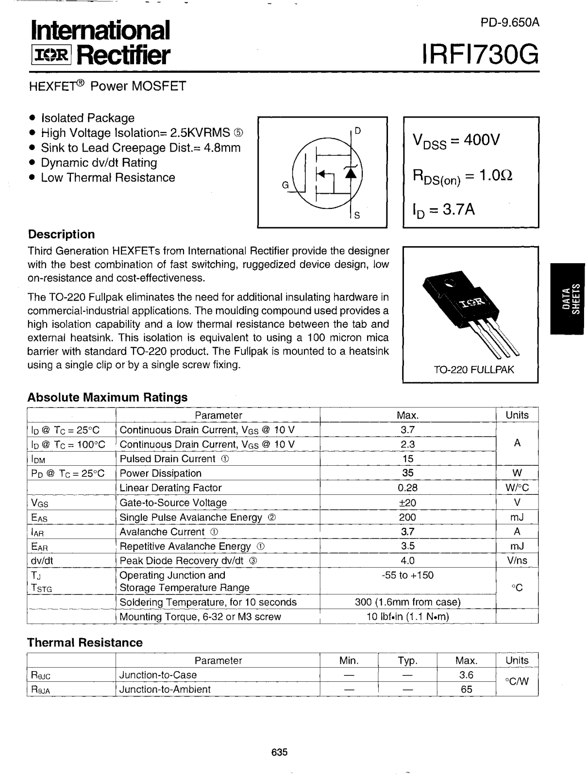 International Rectifier IRFI730G Datasheet