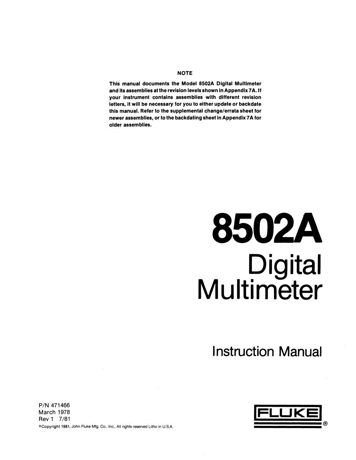 Fluke 8502A Service manual