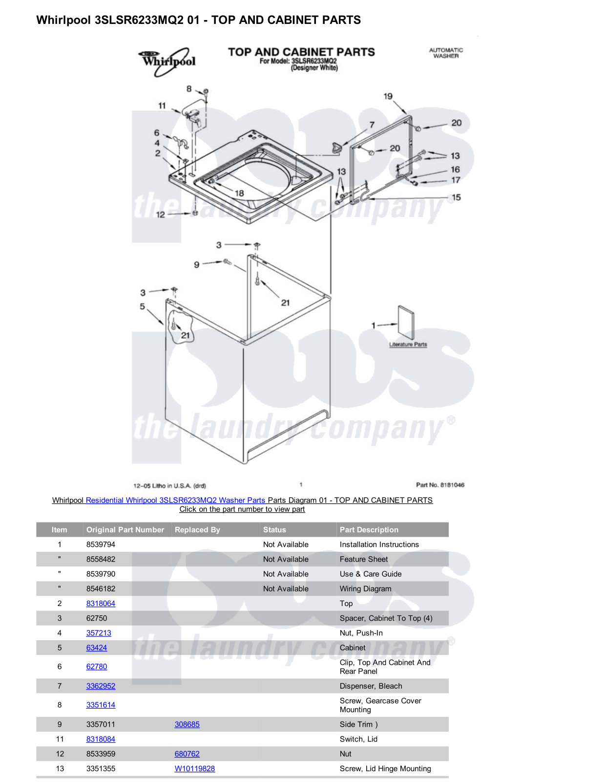 Whirlpool 3SLSR6233MQ2 Parts Diagram