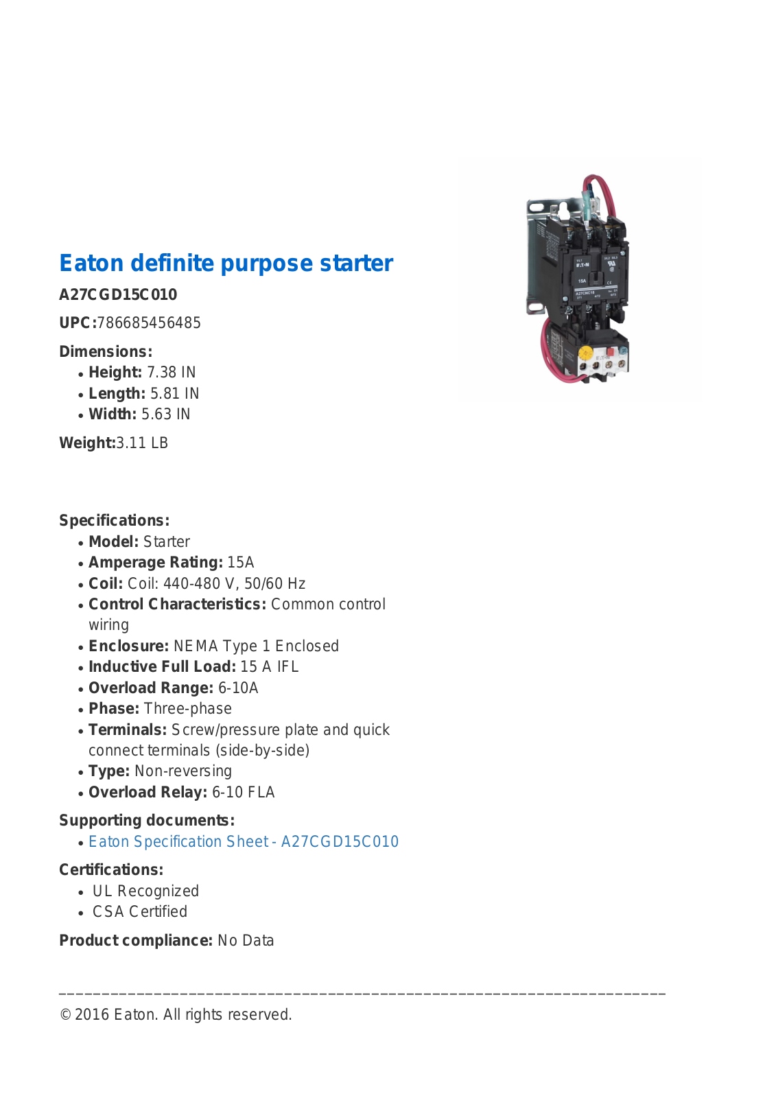 Cutler Hammer, Div of Eaton Corp A27CGD15C010 Specifications