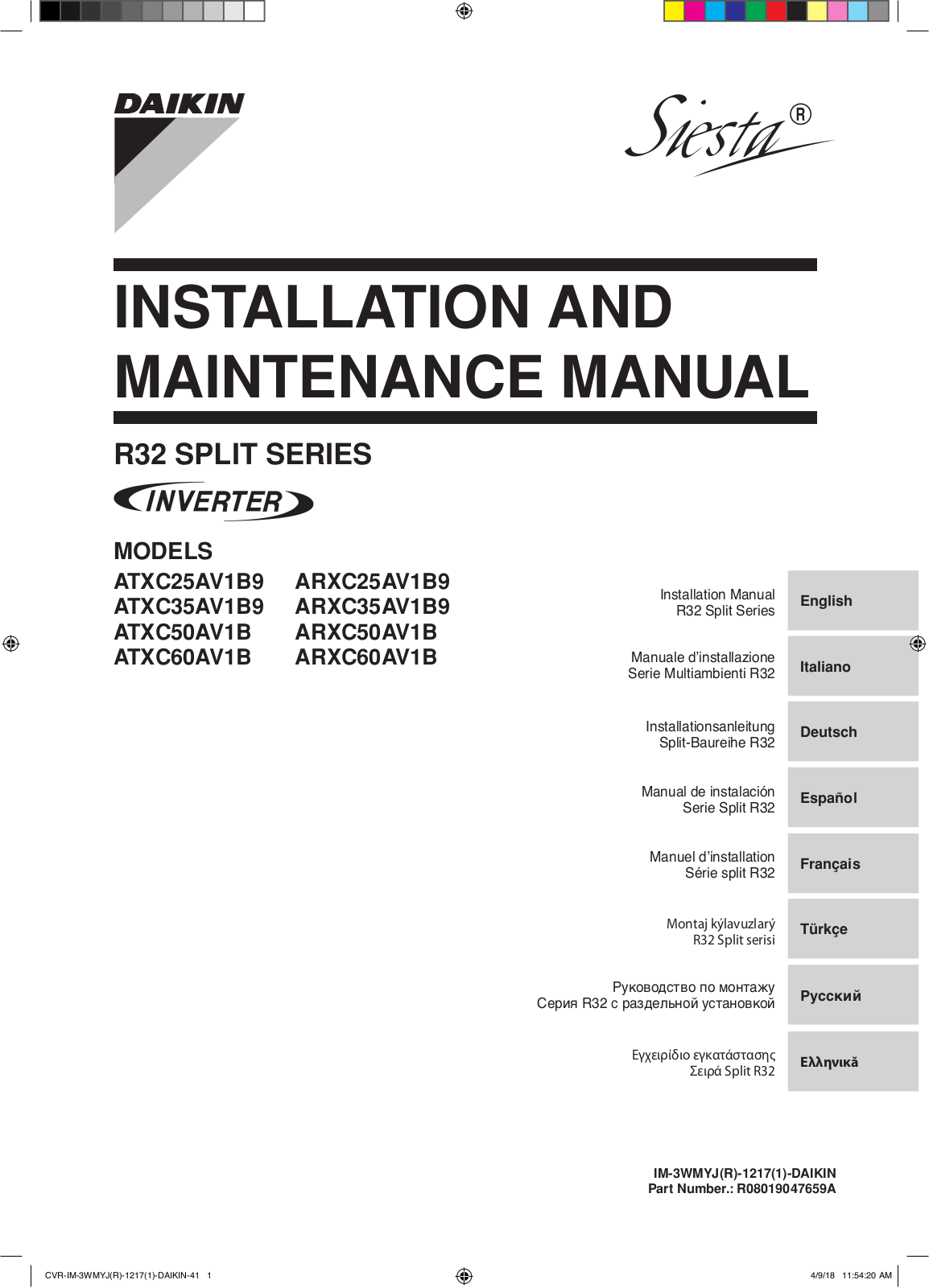 Daikin ATXC25AV1B9, ARXC25AV1B9, ATXC35AV1B9, ARXC35AV1B9, ATXC50AV1B Installation manuals