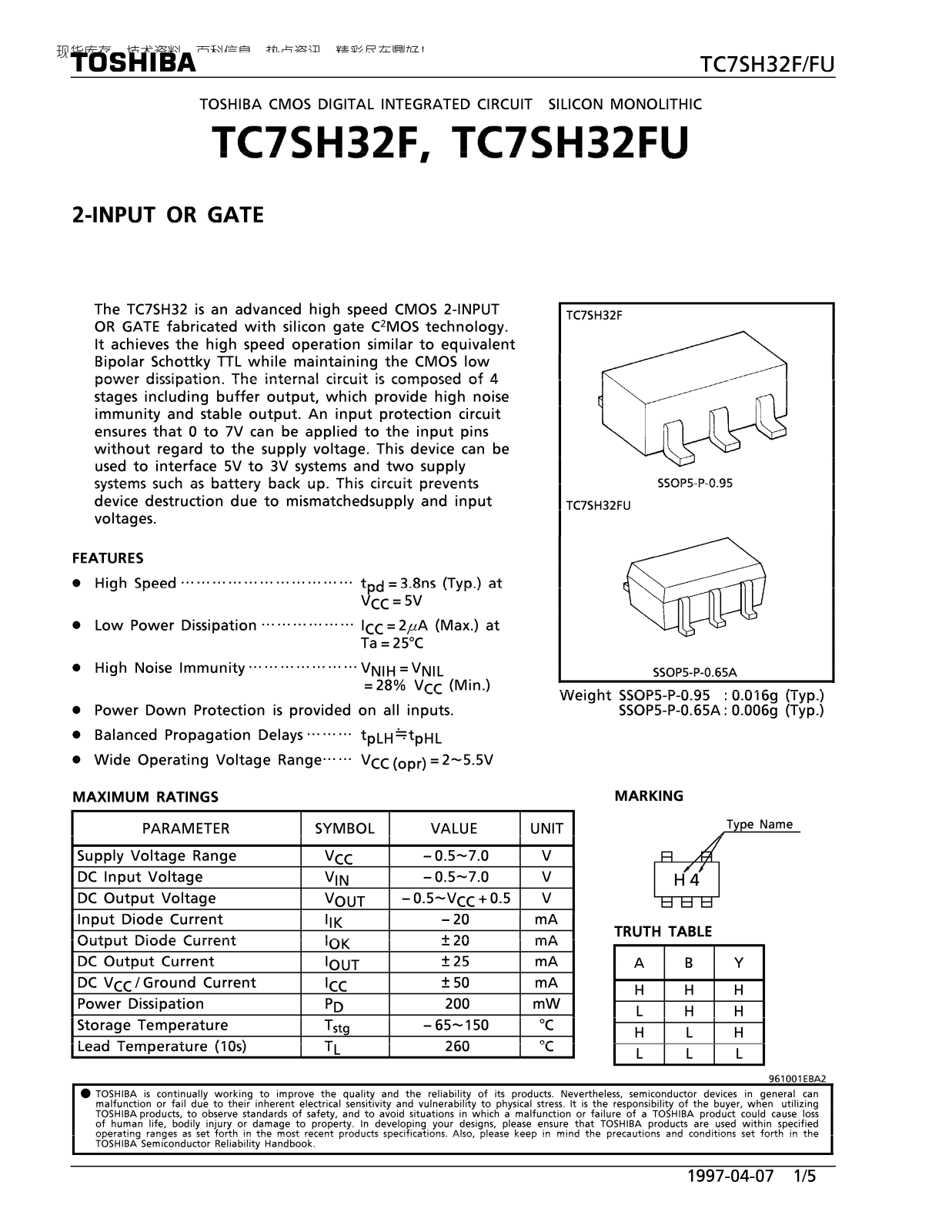 Toshiba TC7SH32F Technical data