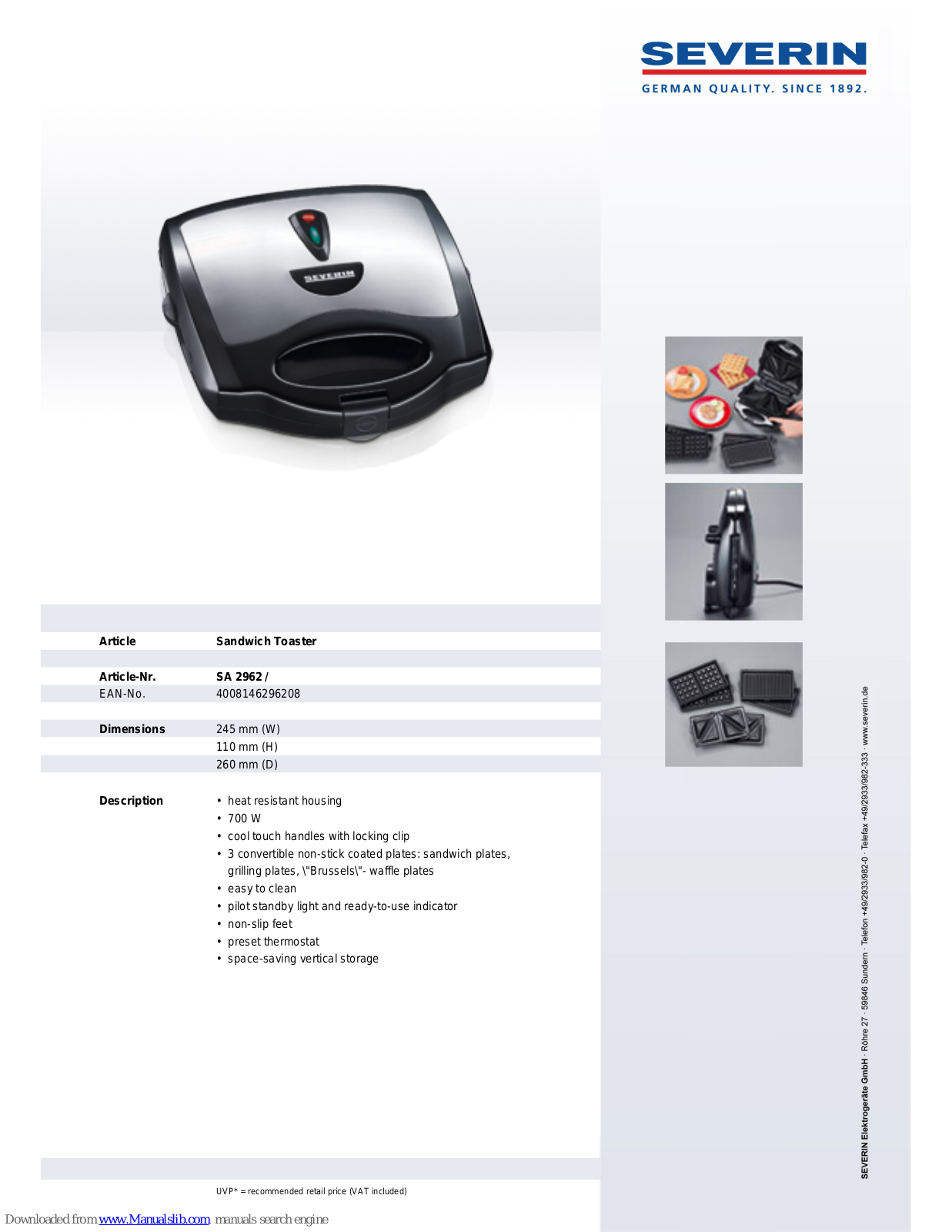 SEVERIN MULTI-SANDWICH-TOASTER SA 2962, SA 2962 Dimensions