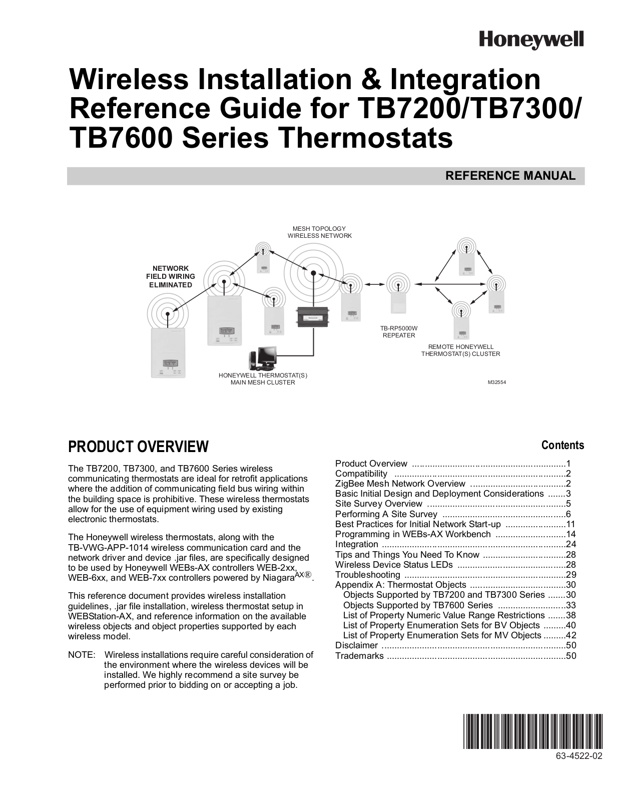 Honeywell TB7200F5x14W, TB7300A5x14W, TB7305A5x14W, TB7300C5x14W, TB7305C5x14W Wireless Installation & Integration Reference Manual