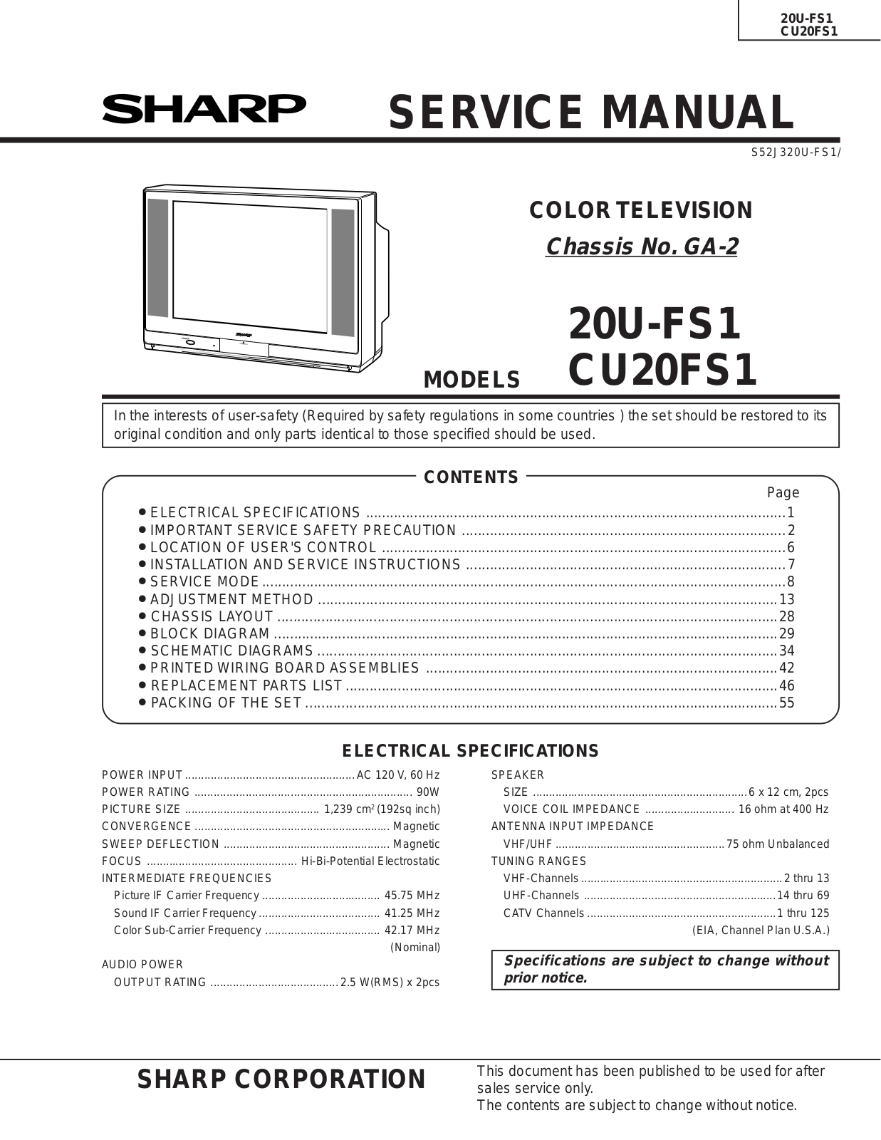 SHARP 20U-FS1, CU20FS1 Service Manual