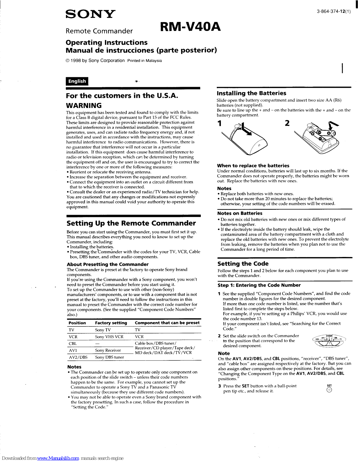 Sony RM-V40A Operating Instructions (primary manual) Operating Instructions Manual