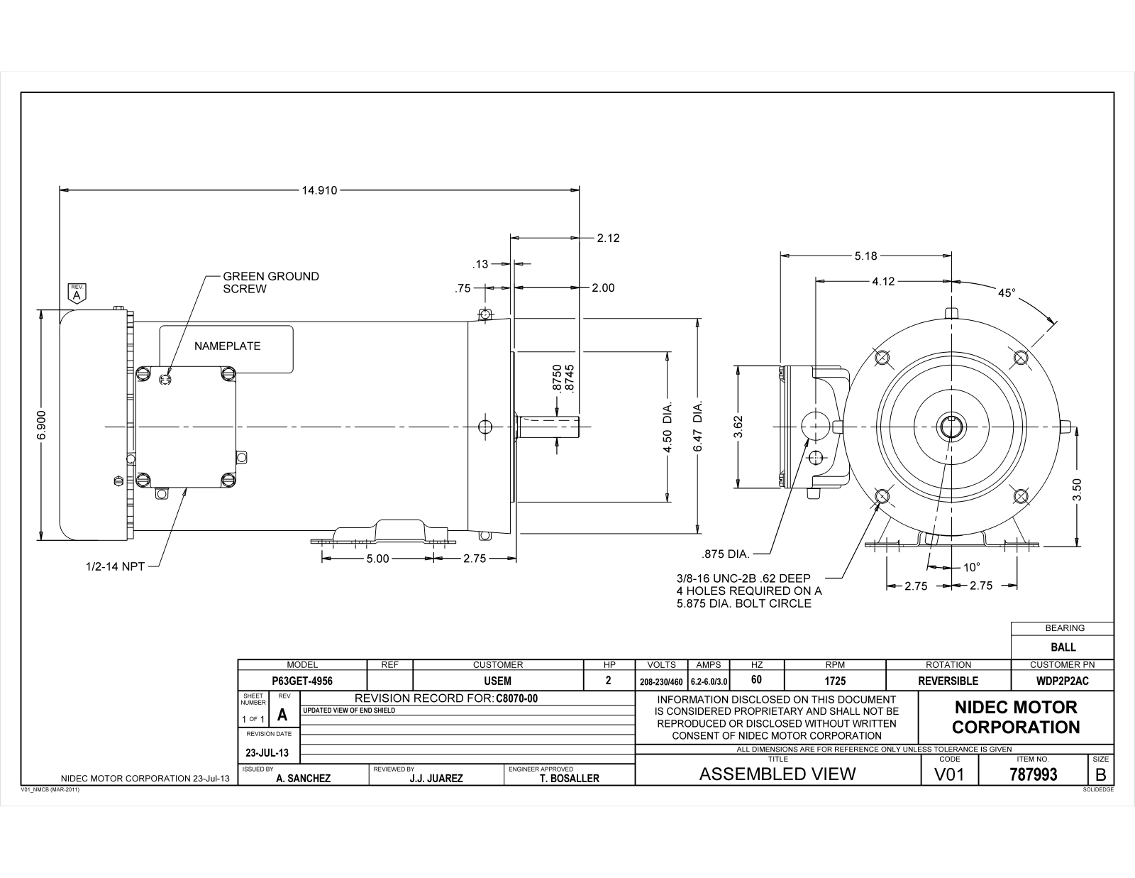 US Motors WDP2P2AC Dimensional Sheet