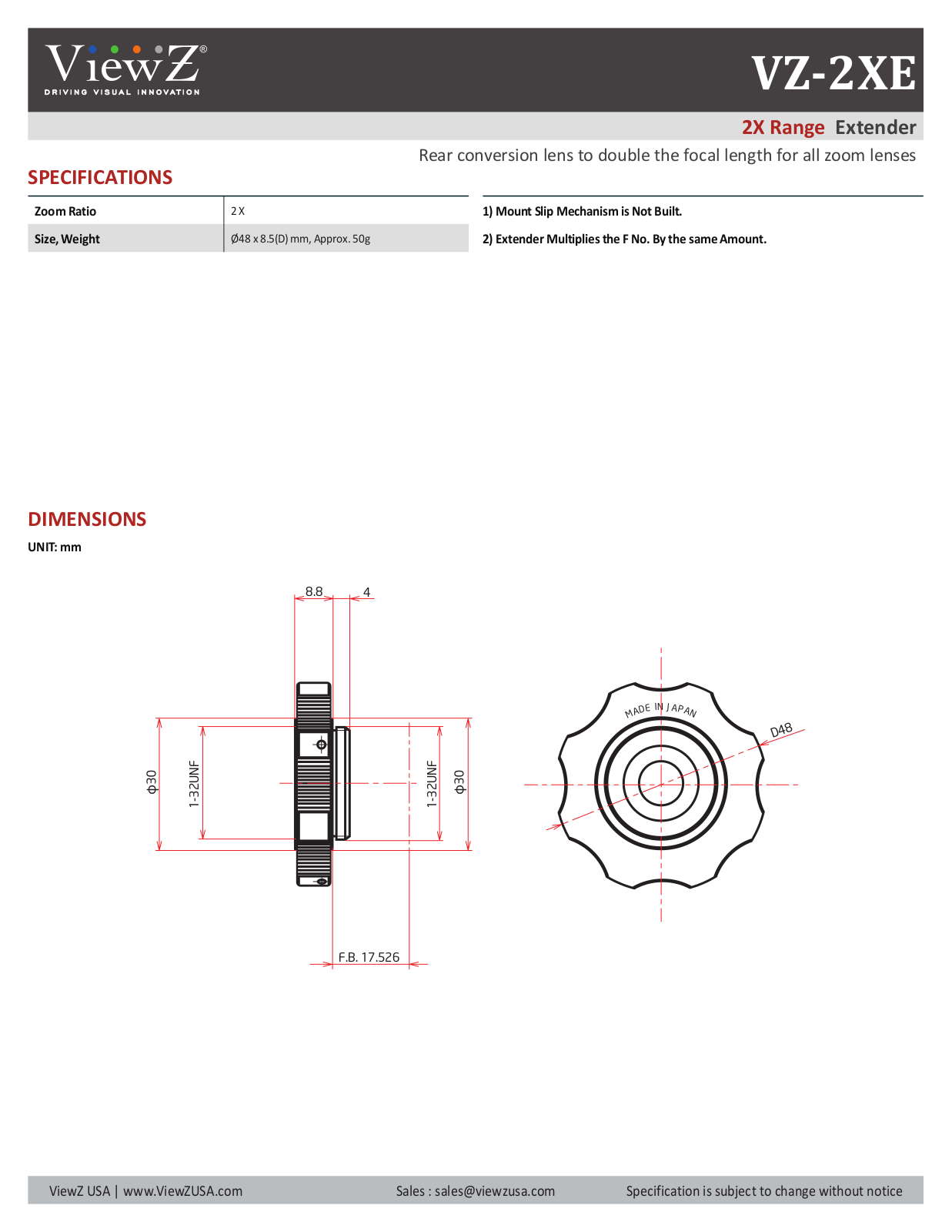 ViewZ VZ-2XE-2 Specsheet