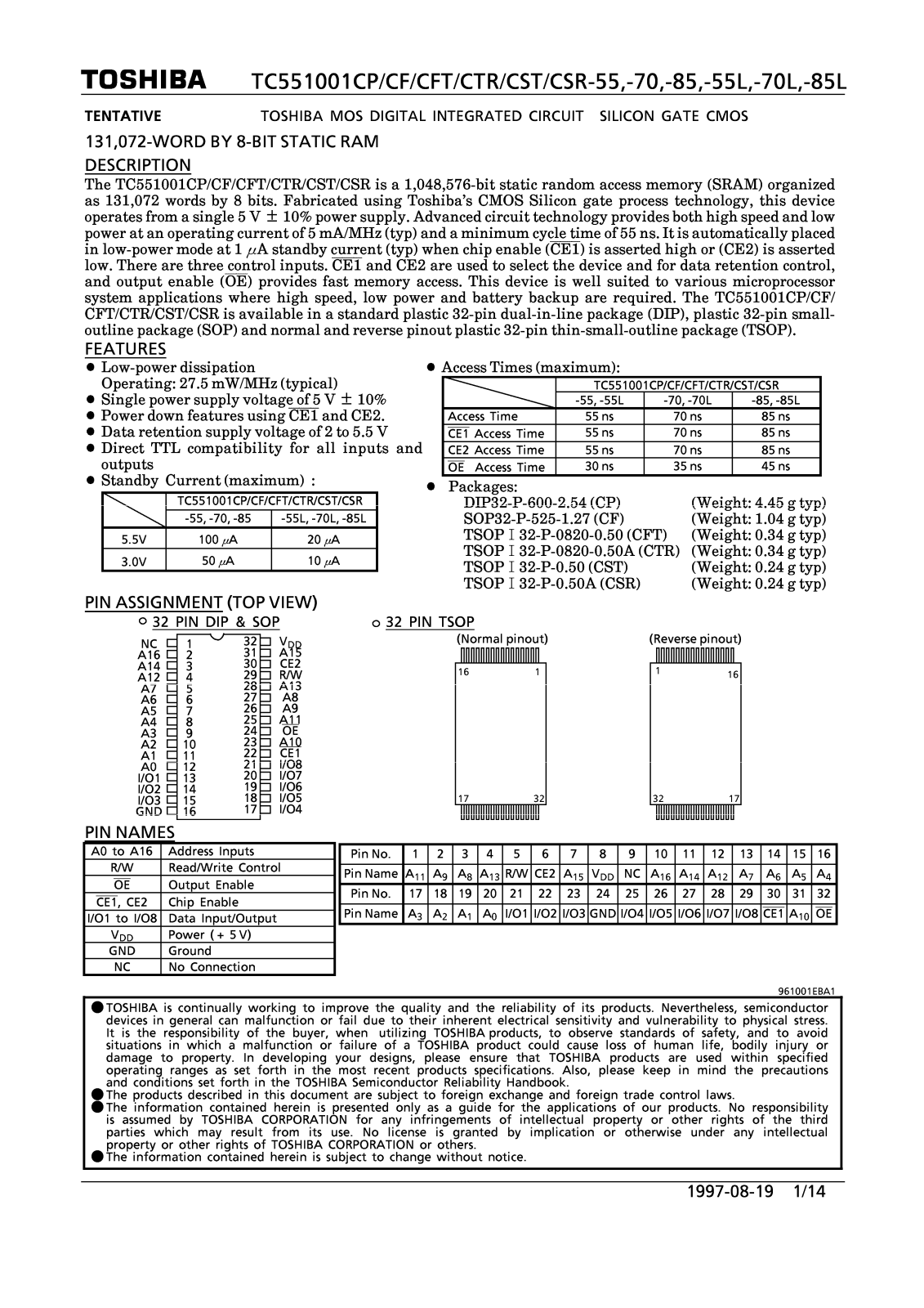 Toshiba TC551001CP-85, TC551001CP-55, TC551001CTR-85L, TC551001CTR-85, TC551001CTR-55 Datasheet