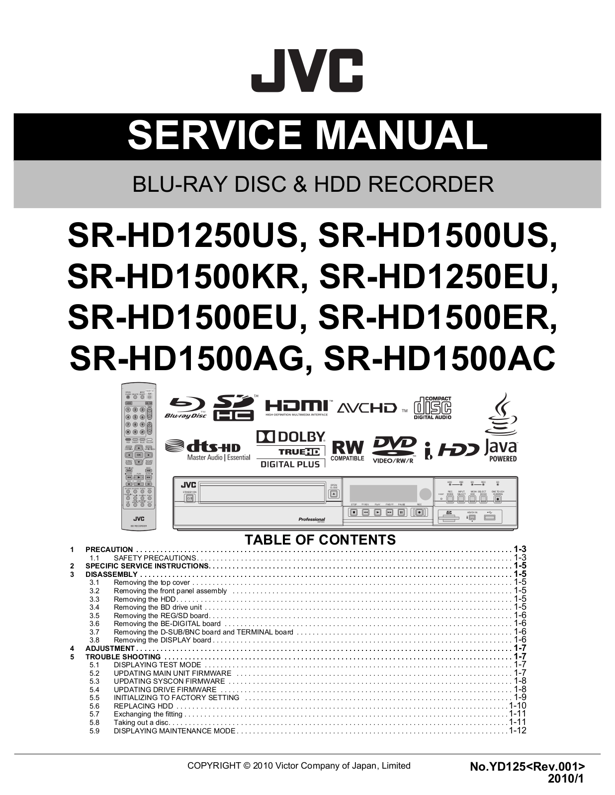 Jvc SR-HD1500-US, SR-HD1500-KR, SR-HD1500-EU, SR-HD1500-AG, SR-HD1500-AC Service Manual
