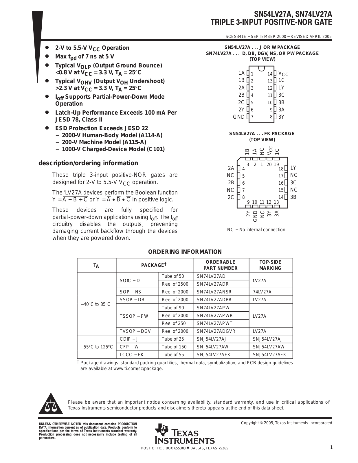 TEXAS INSTRUMENTS SN54LV27A, SN74LV27A Technical data