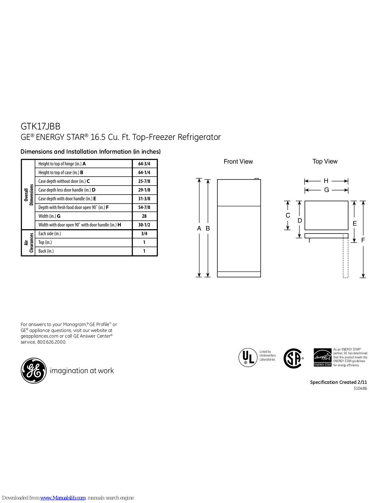 GE ENERGY STAR GTK17JBBBS, ENERGY STAR GTK17JBB Dimensions And Installation Information