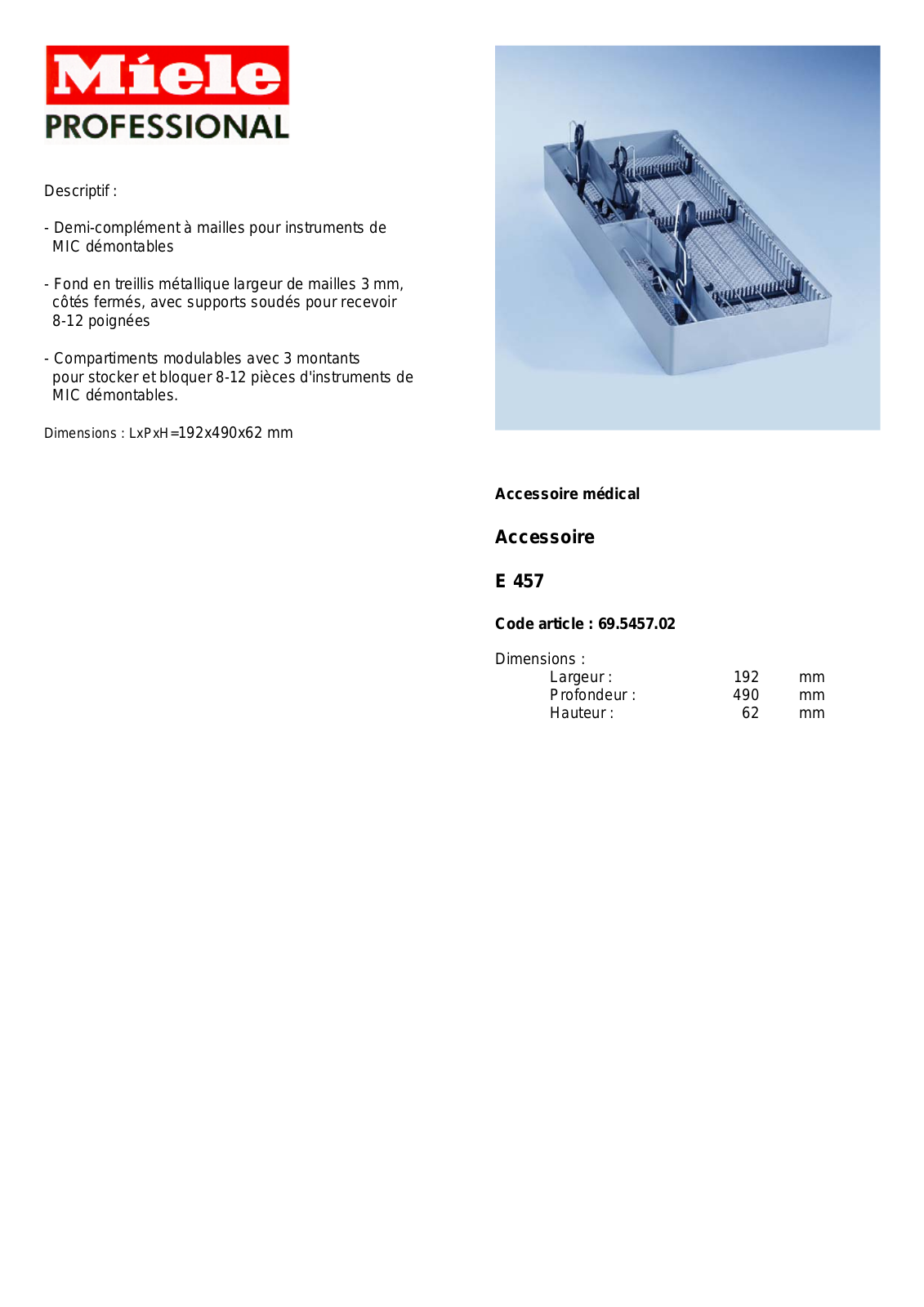 MIELE E 457 DESCRIPTIF User Manual