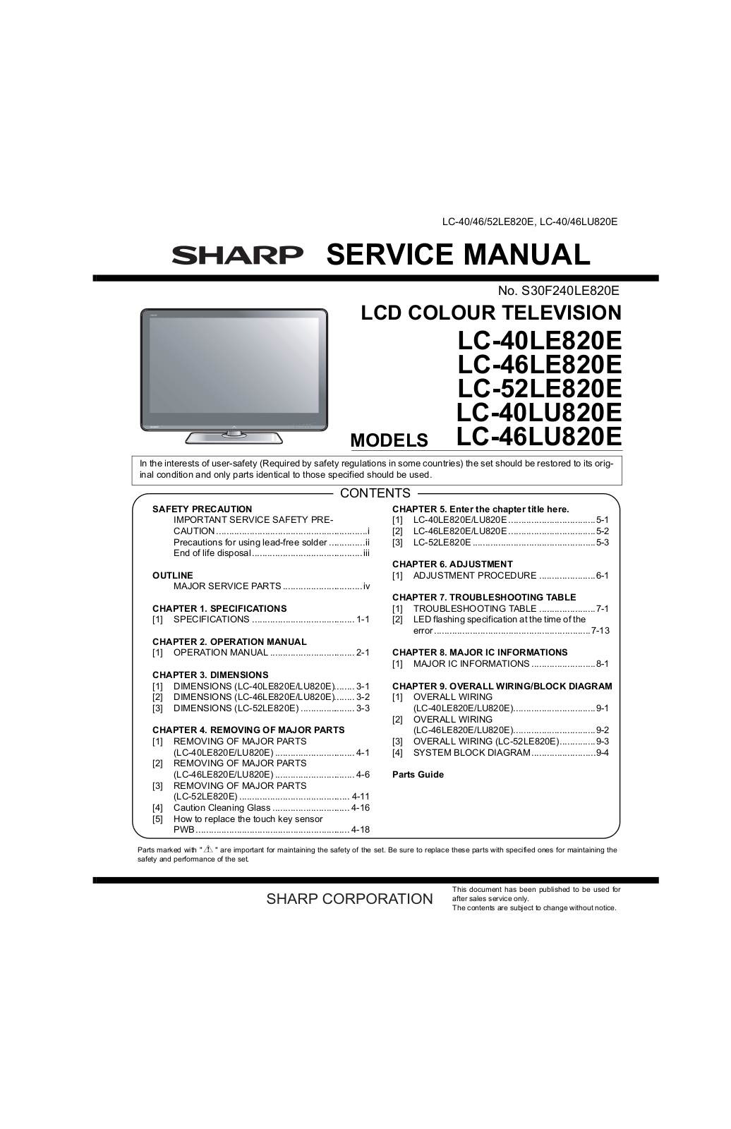 SHARP LC-40LE820E, LC-46LE820E, LC-52LE820E, LC-40LU820E, LC-46LU820E Service Manual