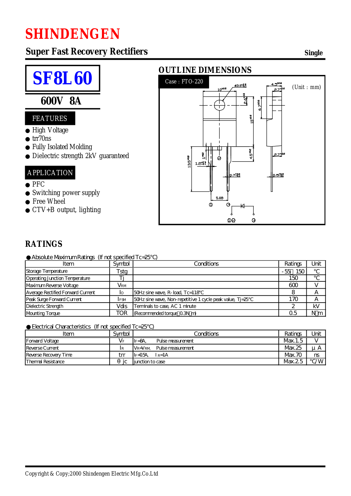 Shindengen Electric Manufacturing Company Ltd SF8L60 Datasheet