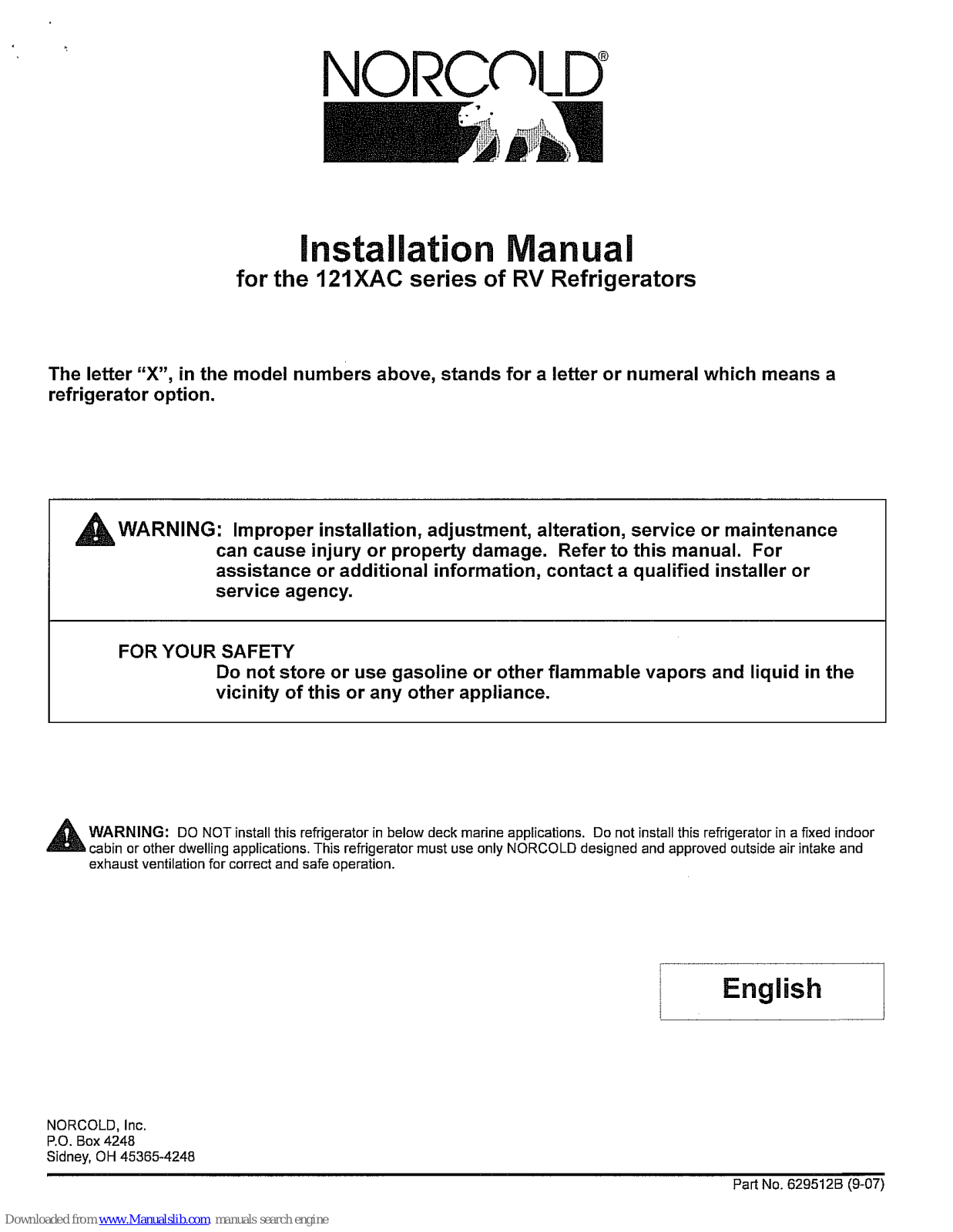 Norcold 121 AC Installation Manual