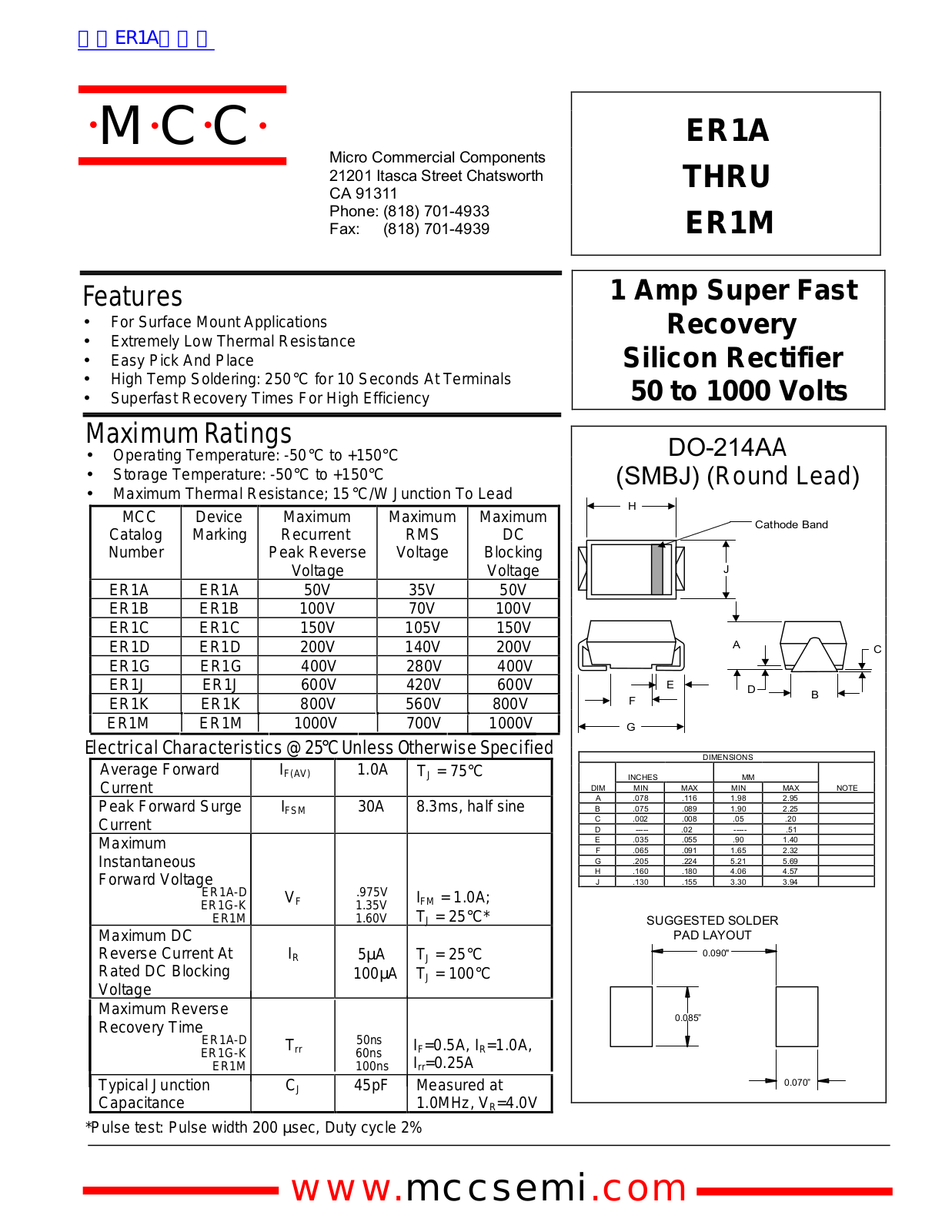 Micro Commercial Components ER1A, ER1M Technical data