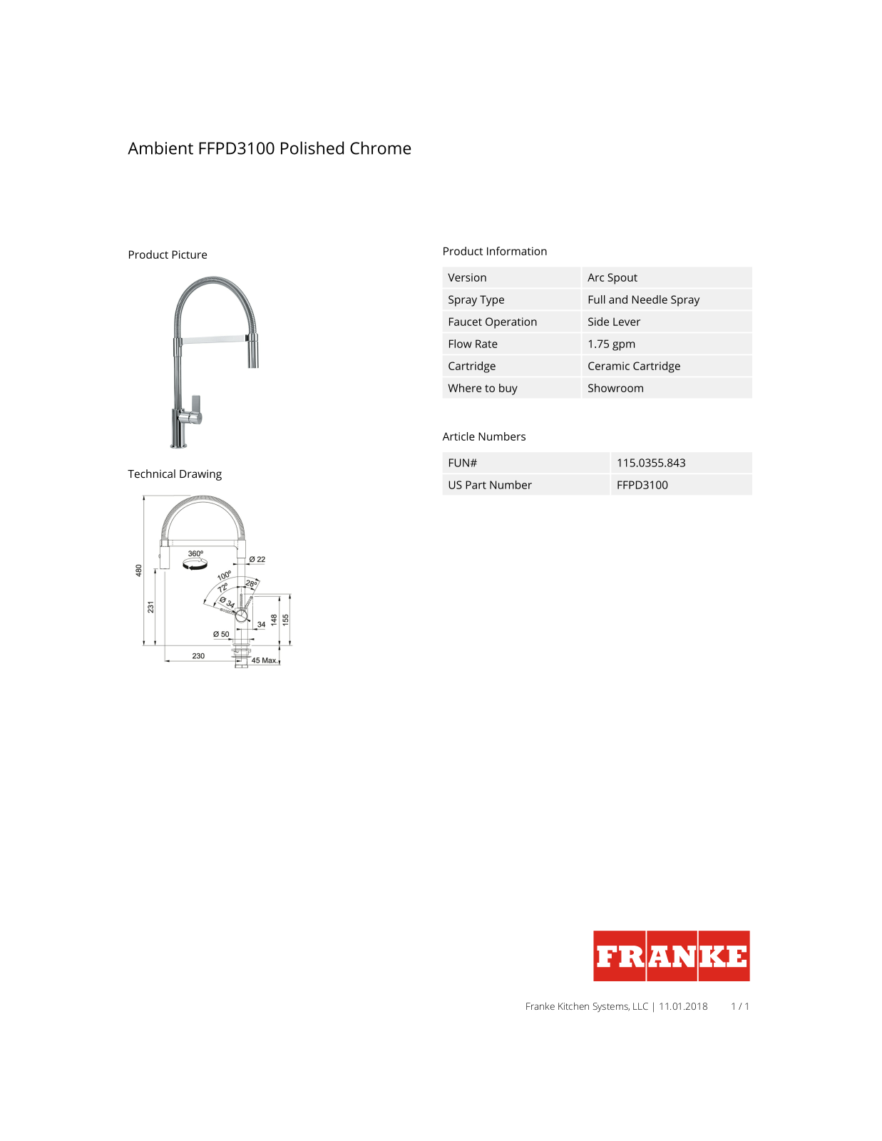 Franke FFPD3170 Specs