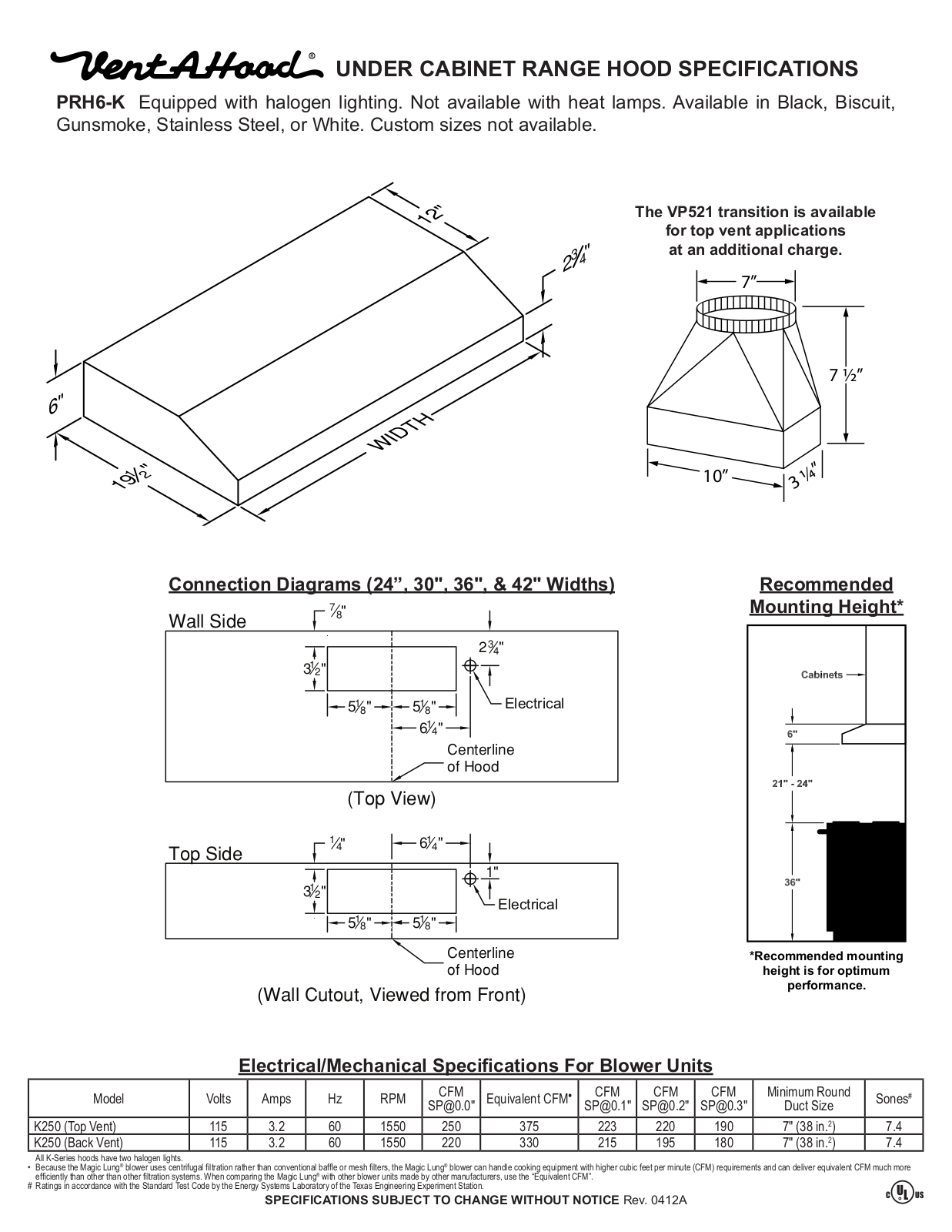 Vent-A-Hood PRH6-K SPECIFICATIONS