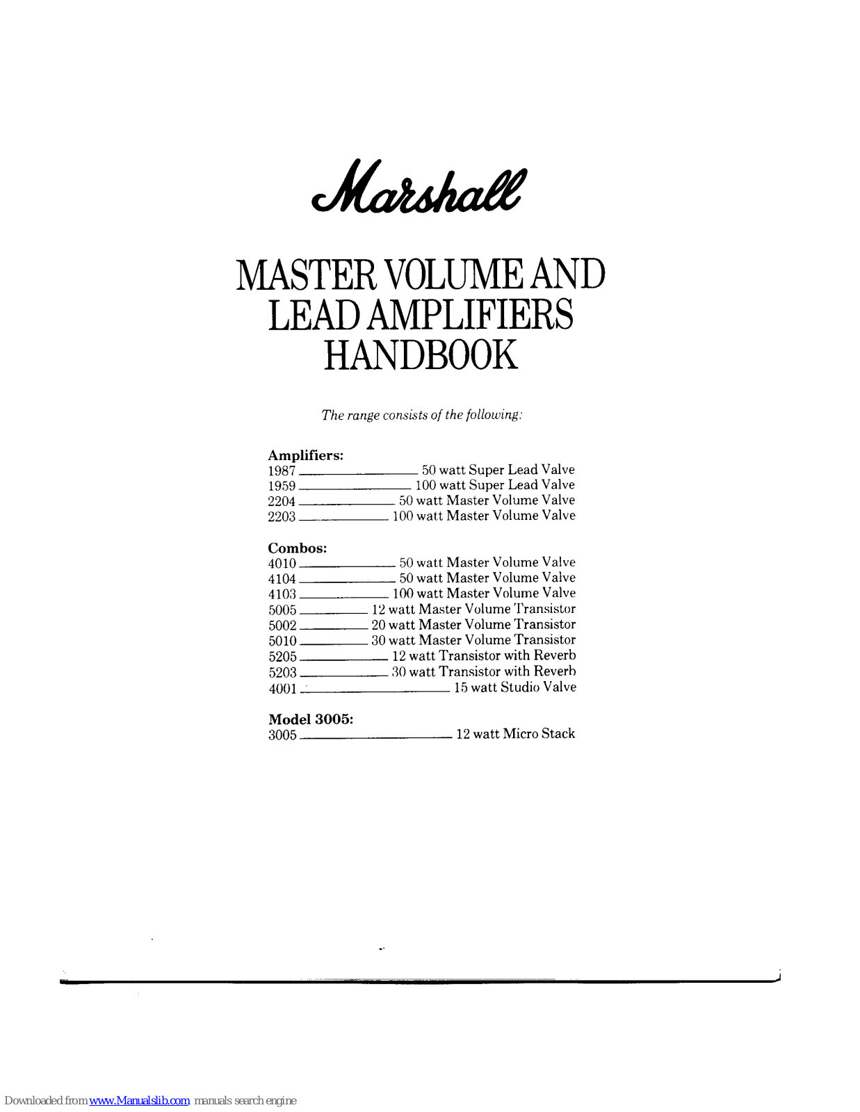 Marshall Amplification 1987, 1959, 2204, 2203, 4010 User Manual