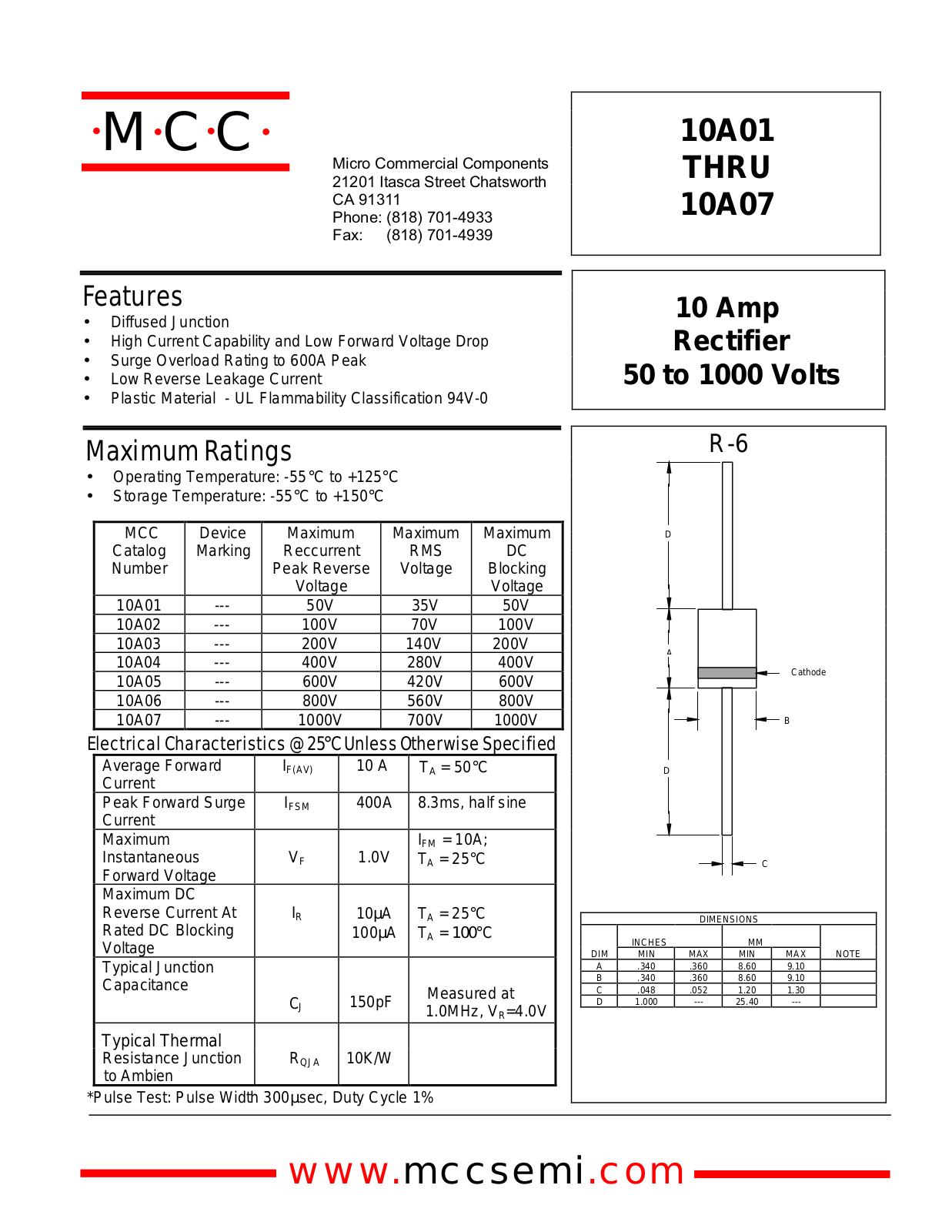 MCC 10A07, 10A06, 10A05, 10A04, 10A03 Datasheet