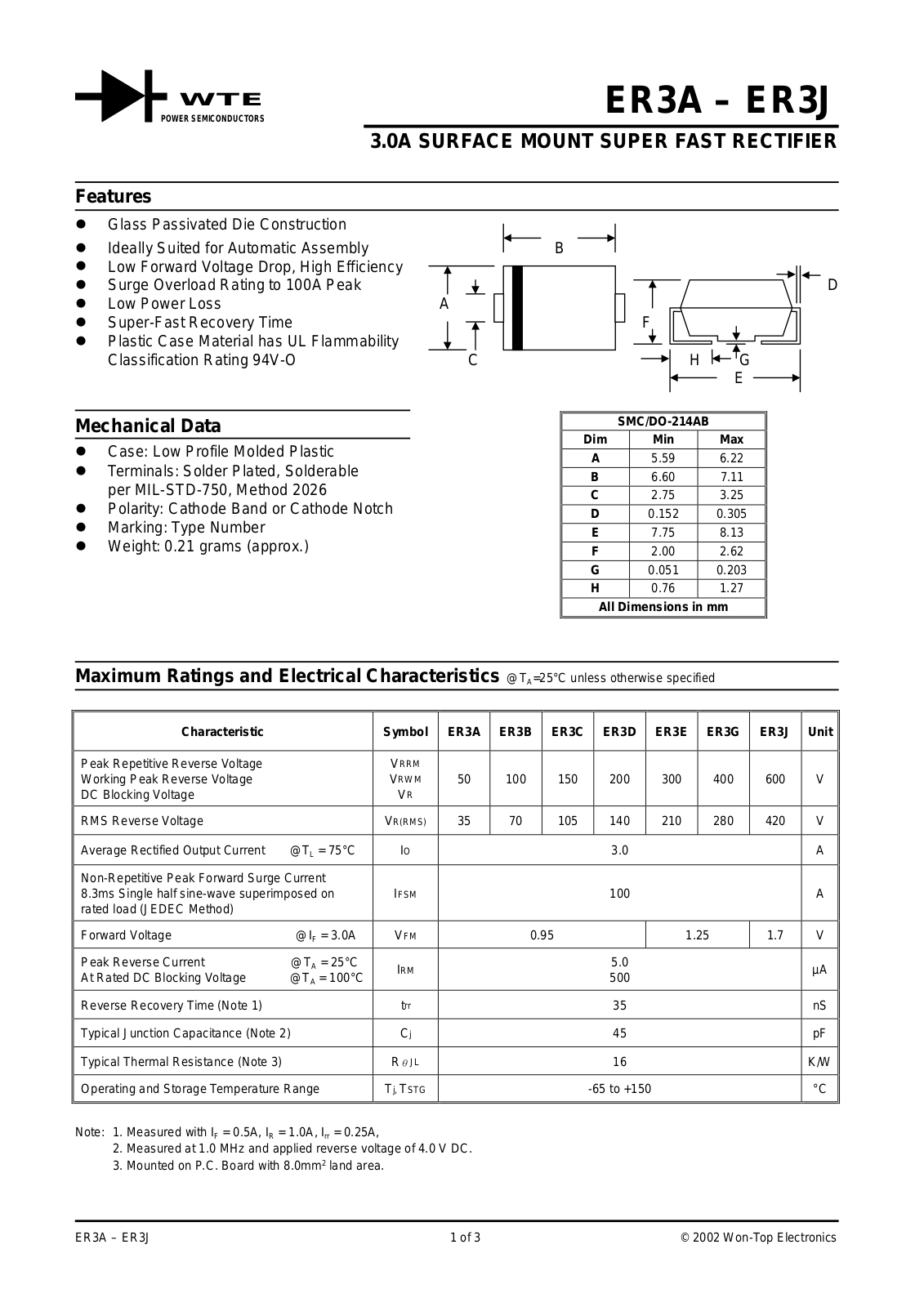 WTE ER3D-T3, ER3G-T3, ER3G-T1, ER3E-T3, ER3E-T1 Datasheet