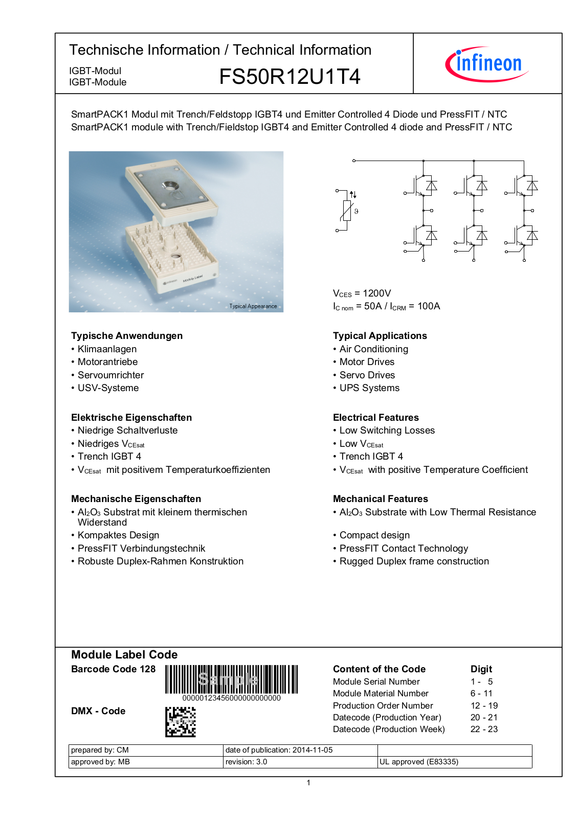 Infineon FS50R12U1T4 Data Sheet