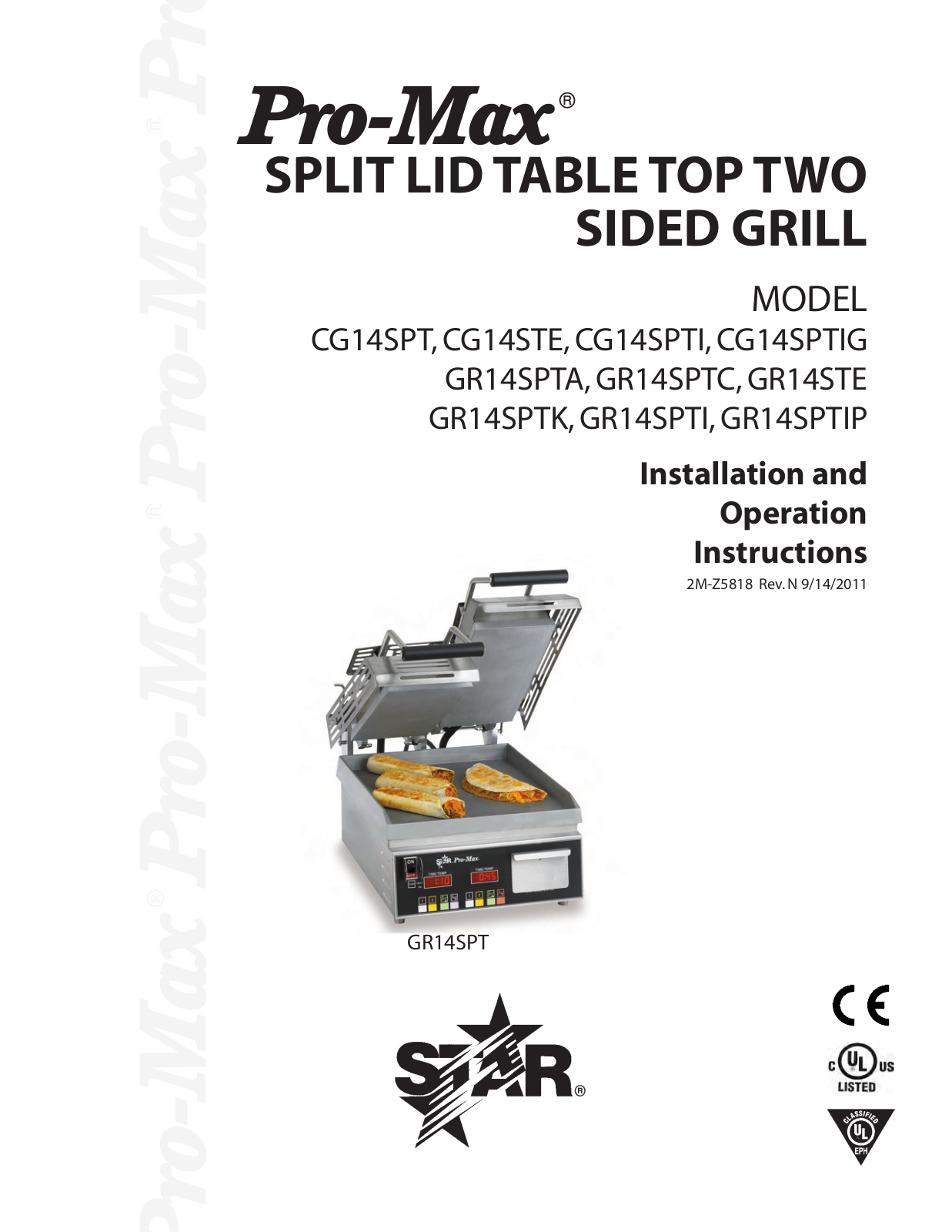 Star International Holdings CG14SPT, CG14STE, CG14SPTI, CG14SPTIG, GR14SPTA Operation Manual