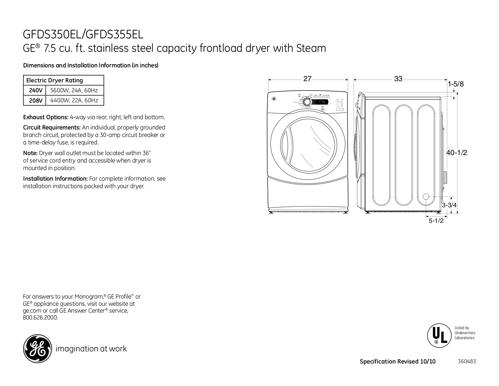 General Electric GFDS350ELWW User Manual