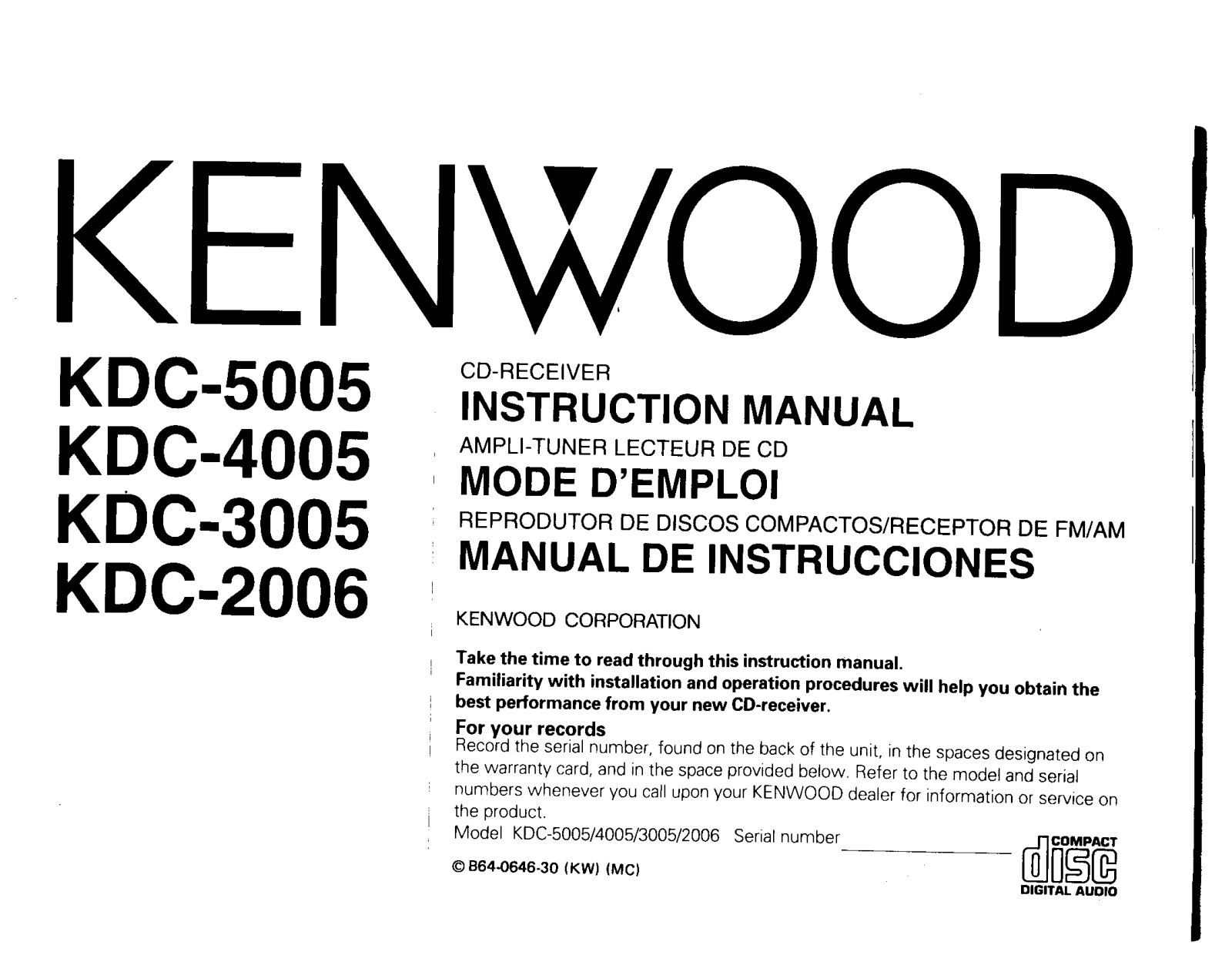 Kenwood KDC-5005, KDC-4005, KDC-2006, KDC-3005 Owner's Manual