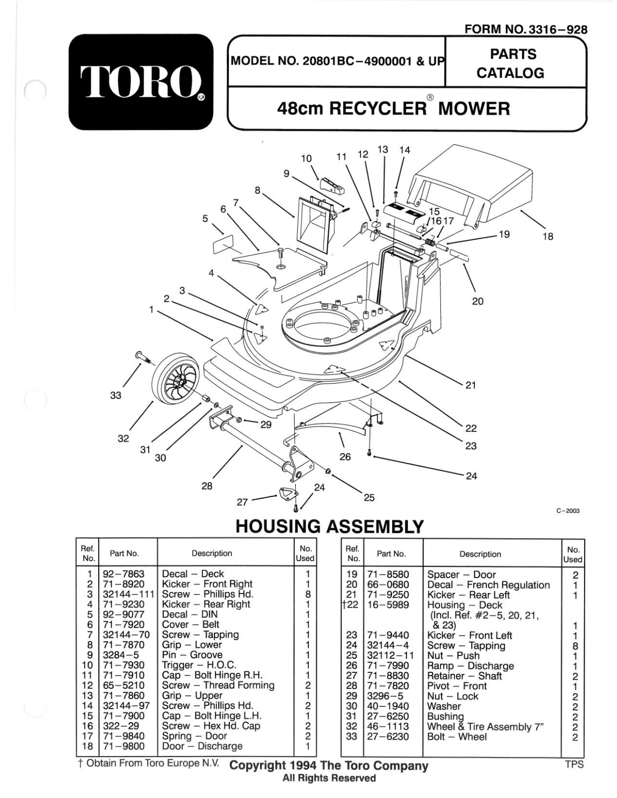 Toro 20801BC Parts Catalogue