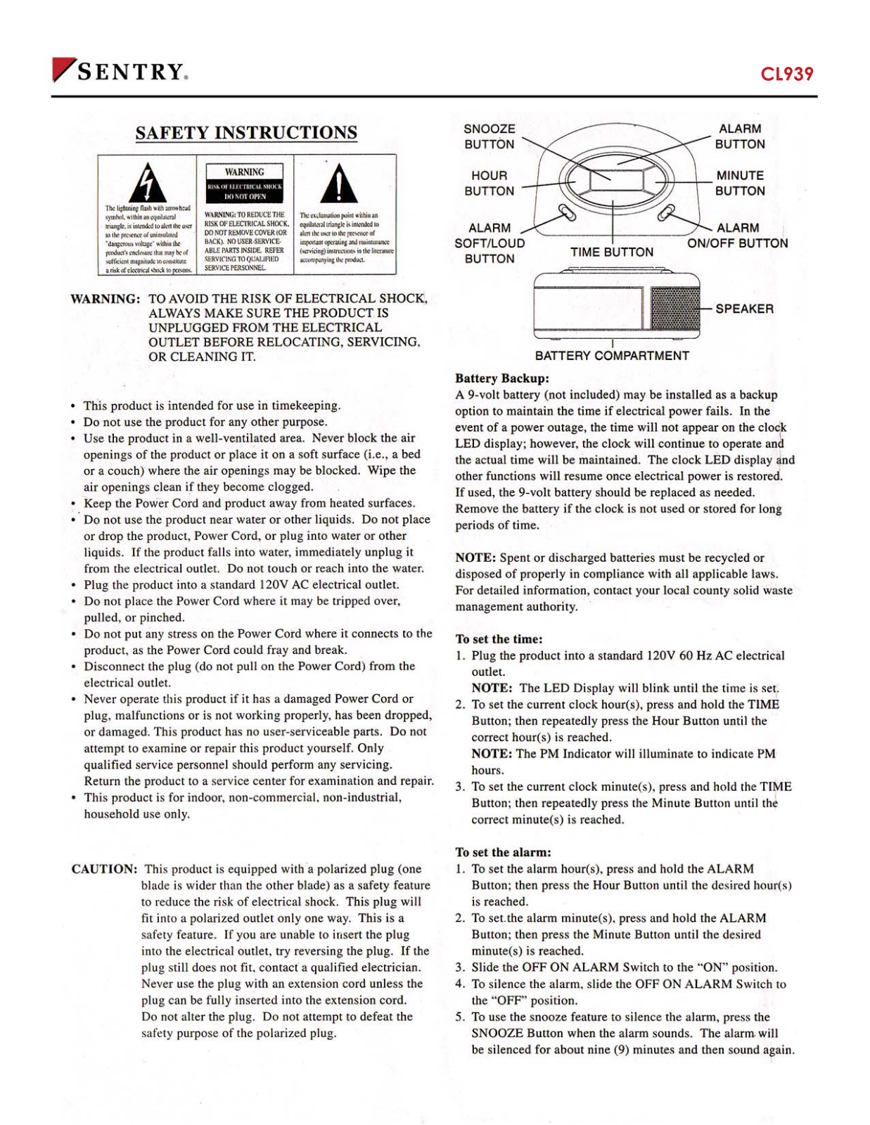 Sentry CL939 Instruction Manual