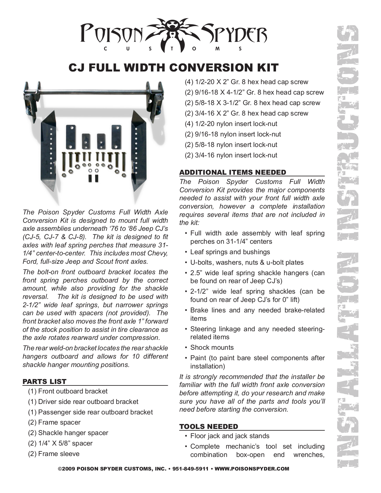 Poison Spyder CJ FULL WIDTH CONVERSION KIT User Manual