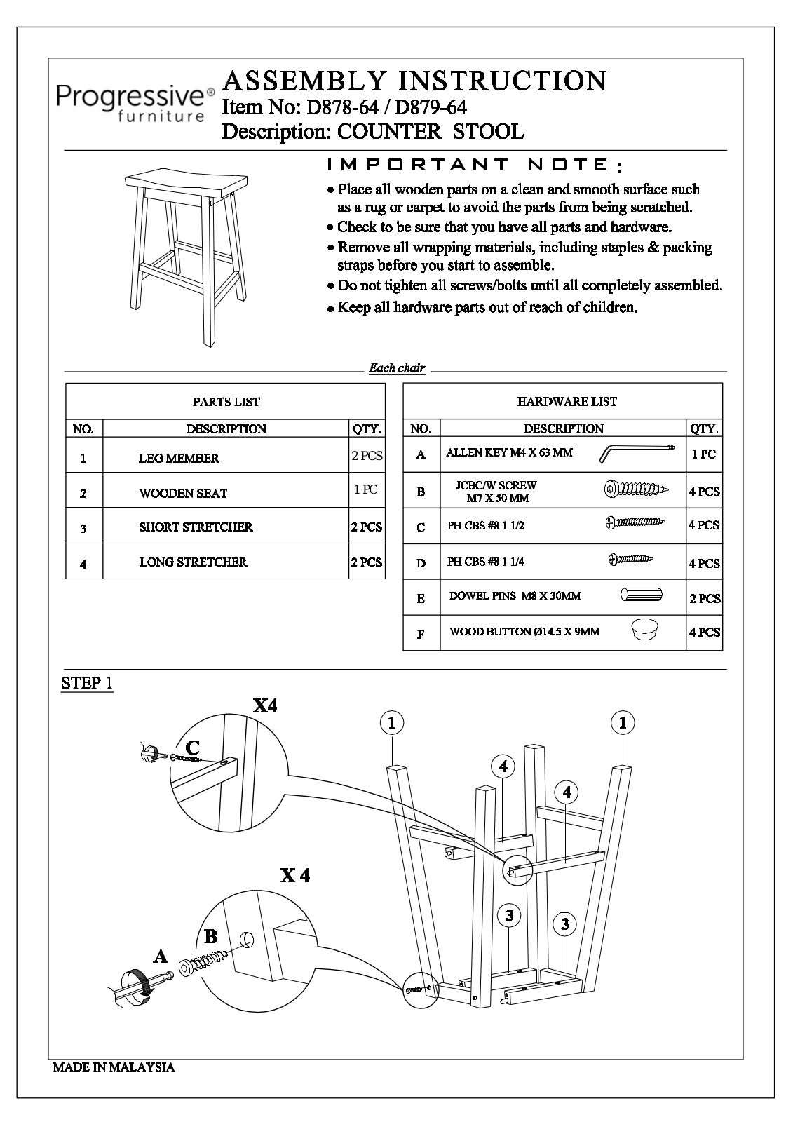 Progressive Furniture D87864, D87964 Assembly Guide