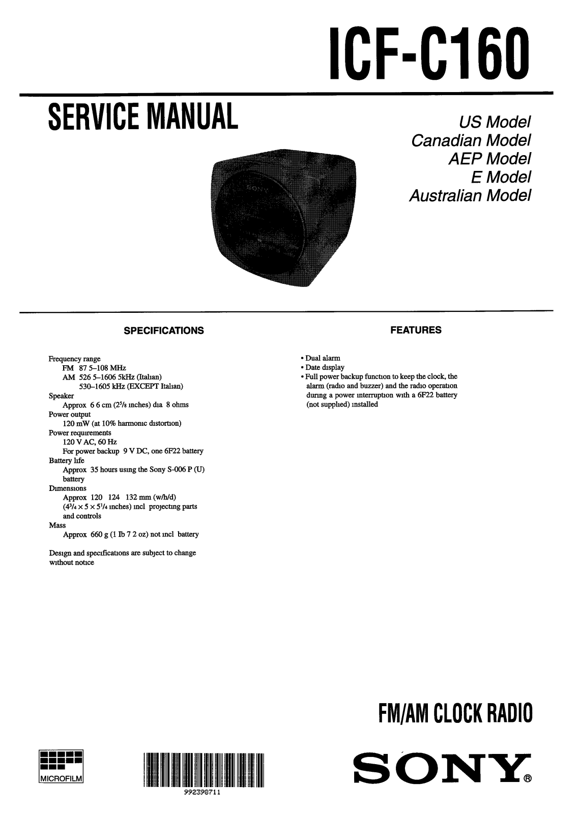 Sony ICFC-160 Service manual