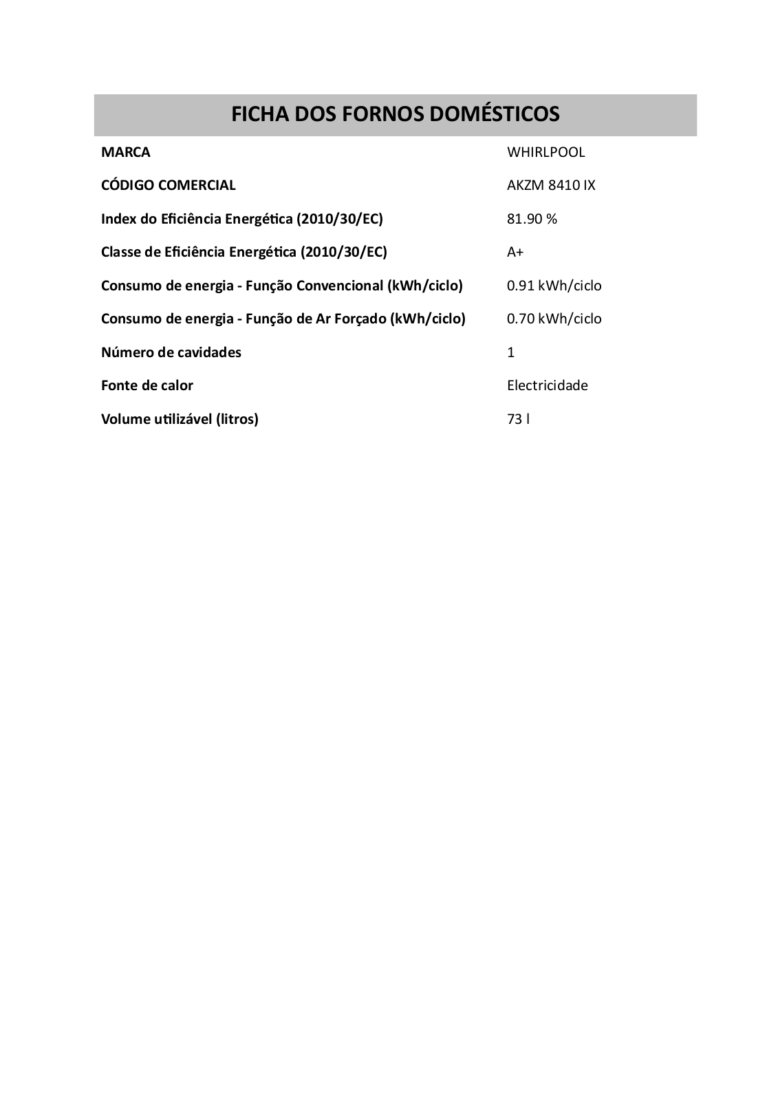 Whirlpool AKZM 8410 IX PRODUCT INFORMATION