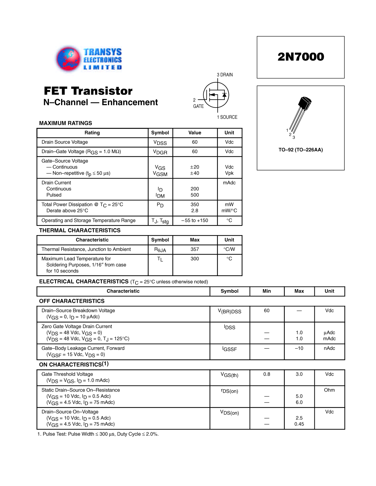 TEL 2N7000, 2N7000 Datasheet