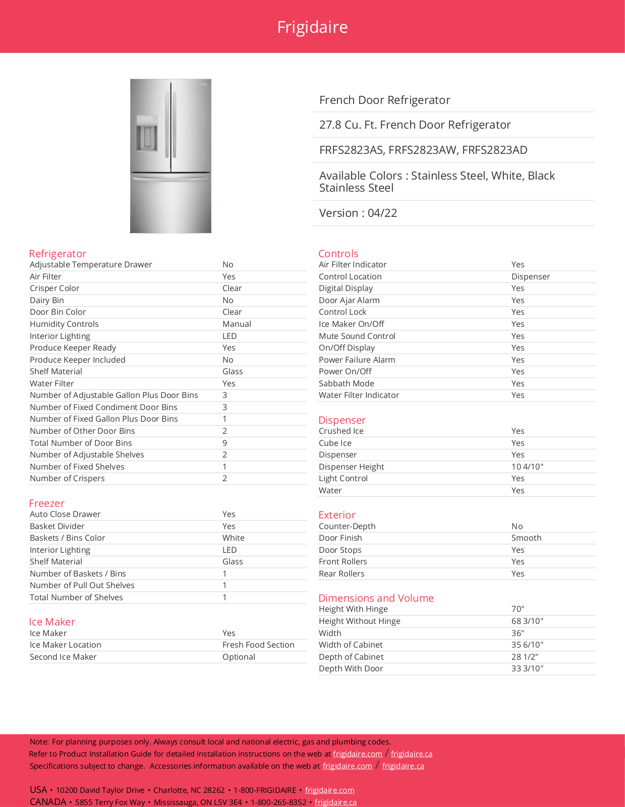 Frigidaire FRFS2823AD Specifications - ManualMachine.com